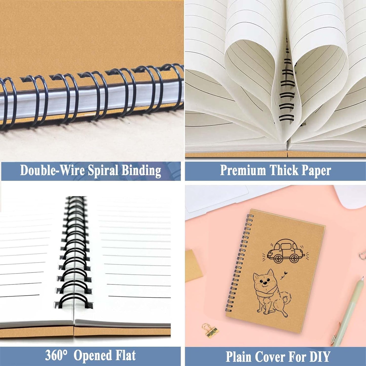 GINMLYDA 4Pack Small Spiral Notebook A5, 8.25x5.5” 120 Lined Pages Wide Ruled Spiral Journal Bulk Blank Kraft Cover Spiral Bound Notebook & Writing Pads for Home Office Meeting Work Note Taking