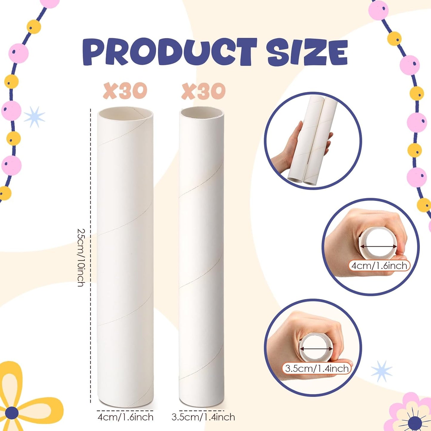 MotiMind 60 Pcs Cardboard Tubes for Craft 2 Size Empty Paper Towel Rolls Cardboard Toilet Paper Tubes Bulk for Classroom DIY Projects (White,1.4 x 10 Inch, 1.6 x 10 Inch)