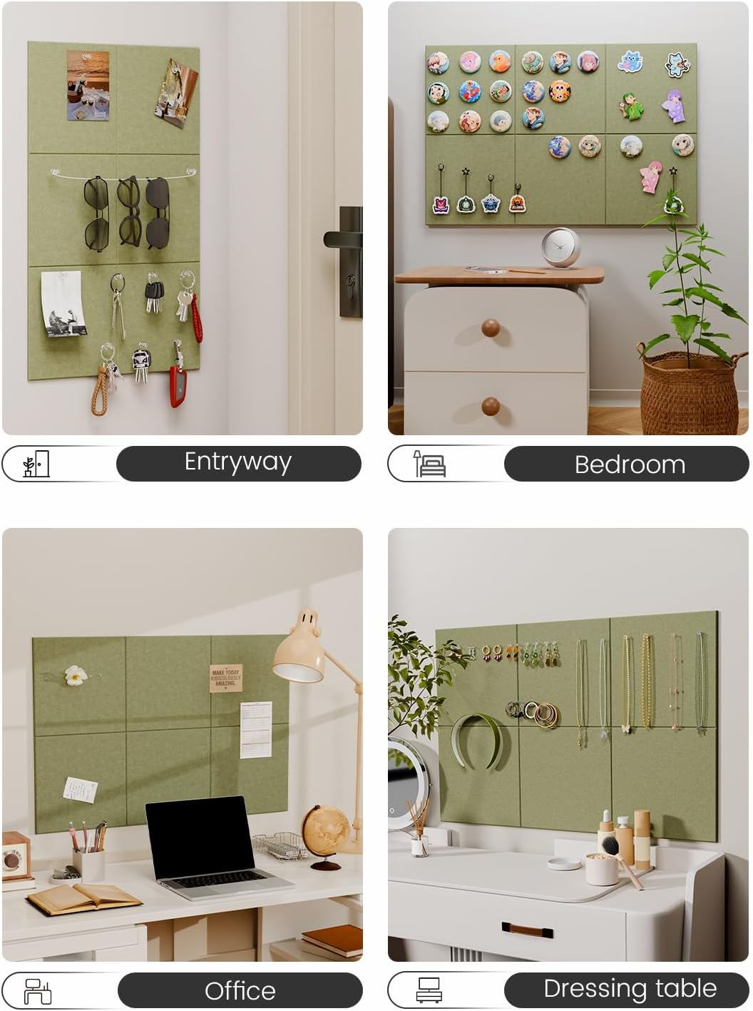 Felt Bulletin Board Tiles -28"x18" Cork Board Alternative for Office Decor, Push Pin Board Wall Organizer 6-Pack -Olive Green