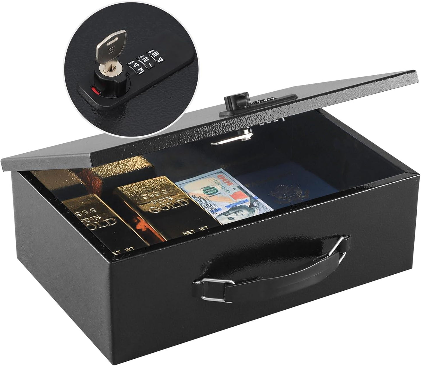 KYODOLED Fireproof Lock Box for Documents, Dual Combination and Key Lock Security with Carrying Handle, Metal Strong Safe Box to Keep Personal Items,Documents, Exterior 12.8" x 8.4" x 4.5", Black