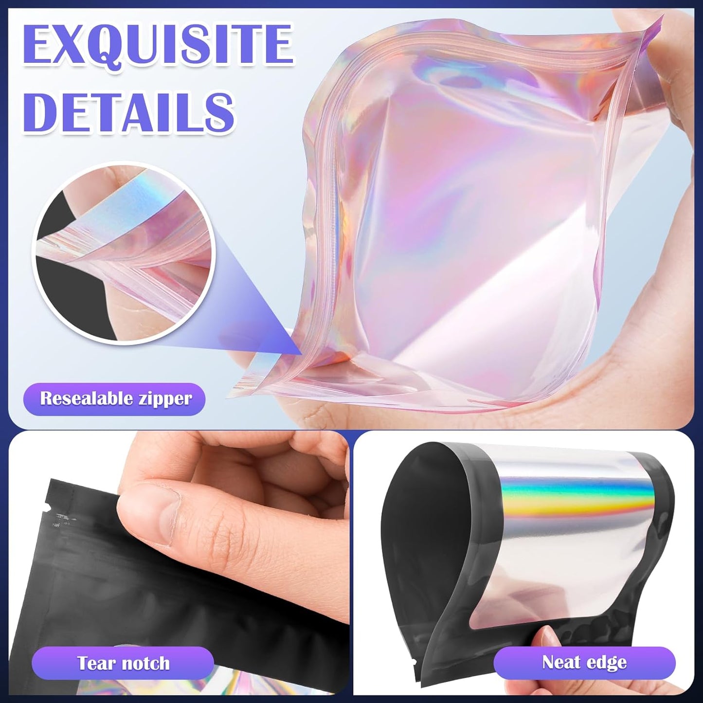 100 PCS Black Smell Proof Mylar Bags, Holographic with Clear Window, Resealable for Small Business, Packaging for Bracelets, Jewelry, Candy, Gift, Sample