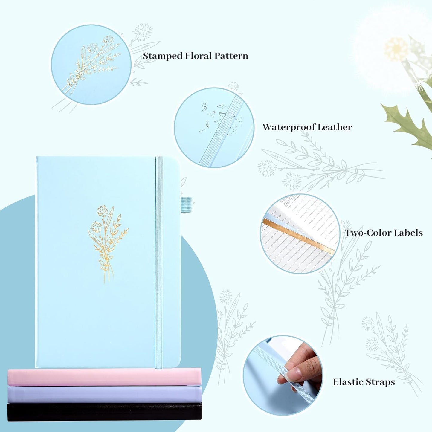 Lined Journal Notebook for Women Cute Leather Journaling Notebooks for Writing 192 Pages A5 Hardcover Aesthetic Floral Diary, 5.7 x 8.3 In, Blue