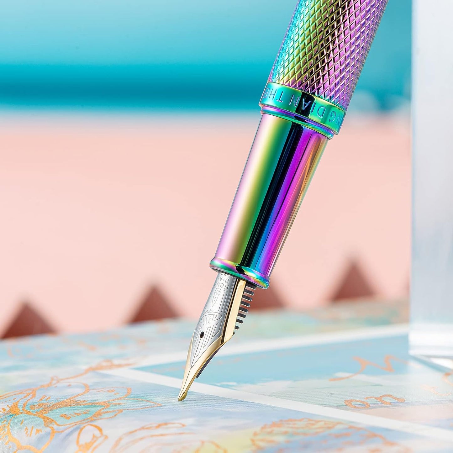 Hongdian Rainbow Forest Fountain Pen Blade Nib Classic Design Calligraphy Pen with Converter and Metal Pen Case Set