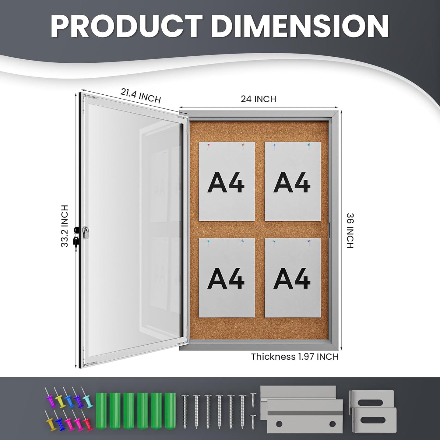 36"x24" Lockable Enclosed Bulletin Board, Outdoor Cork Weather-Resistant Aluminum Frame Notice Board, Wall Mounted Display Case Acrylic Doors for School,Office,Silver Frame w/Cork