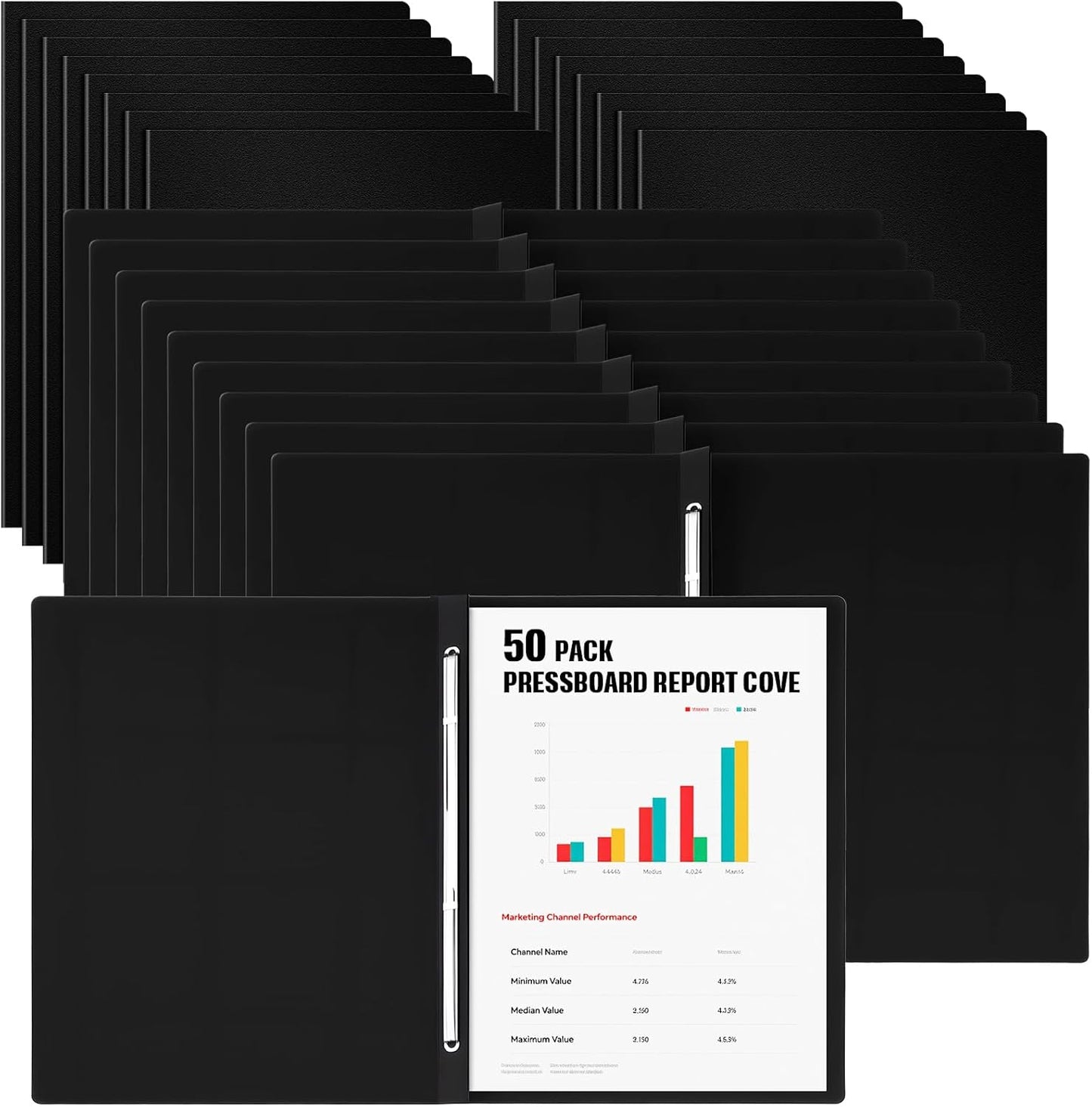 50 Pcs 8.5'' x 11'' Pressboard Report Cover, 3'' Capacity Metal Prong Fastener with Compressor, Letter Size, Presentation Folder to Neatly Bind Report, Proposal Document (Black)
