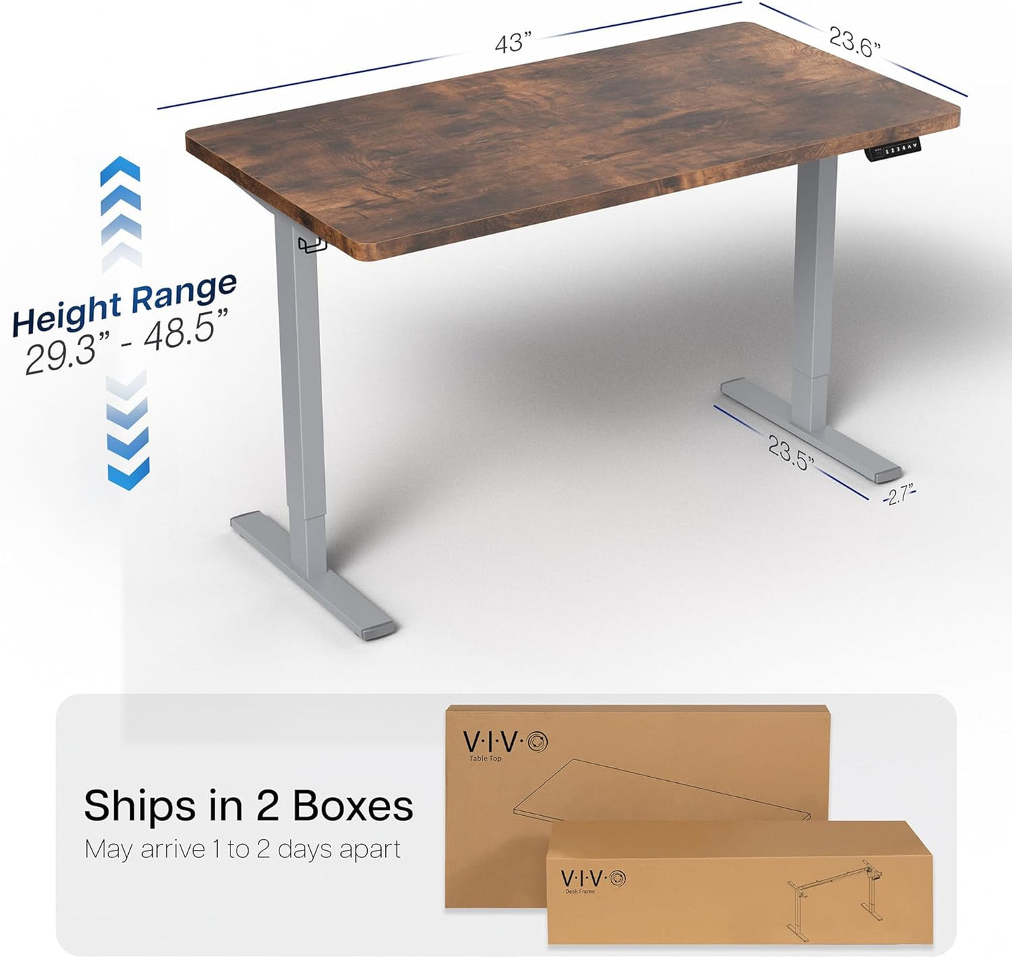 VIVO Electric 43 x 24 in Rustic Standing Desk, Memory Height Adjustment, 1B Series, One-Piece Vintage Brown Top, Gray Frame, DESK-KIT-1G4N
