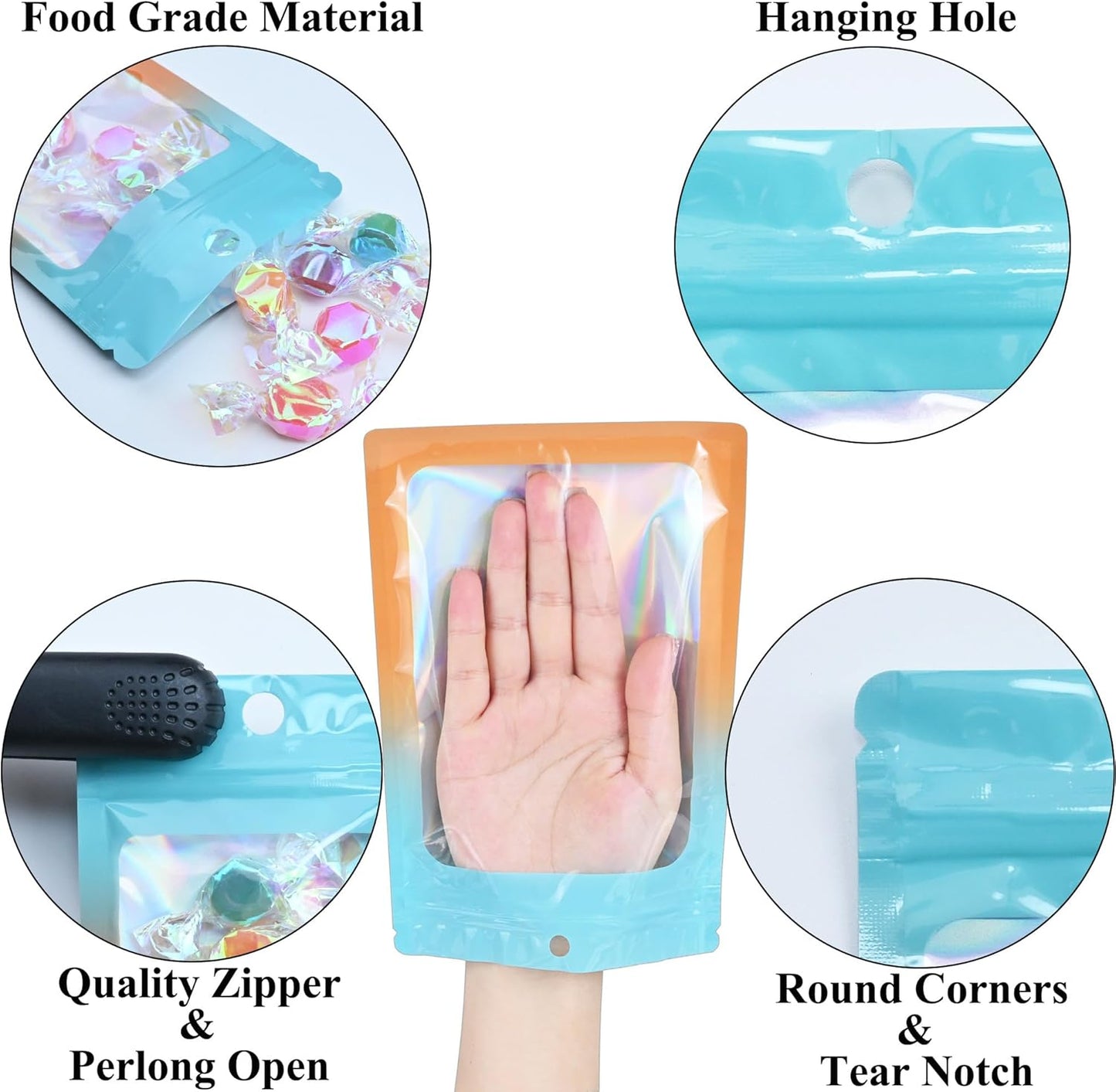 Resealable Mylar Pouch Bag Great for Office Home Party Favor Food Storage (100PCS, Blue and Orange Color, 5.5 x 8 inch)