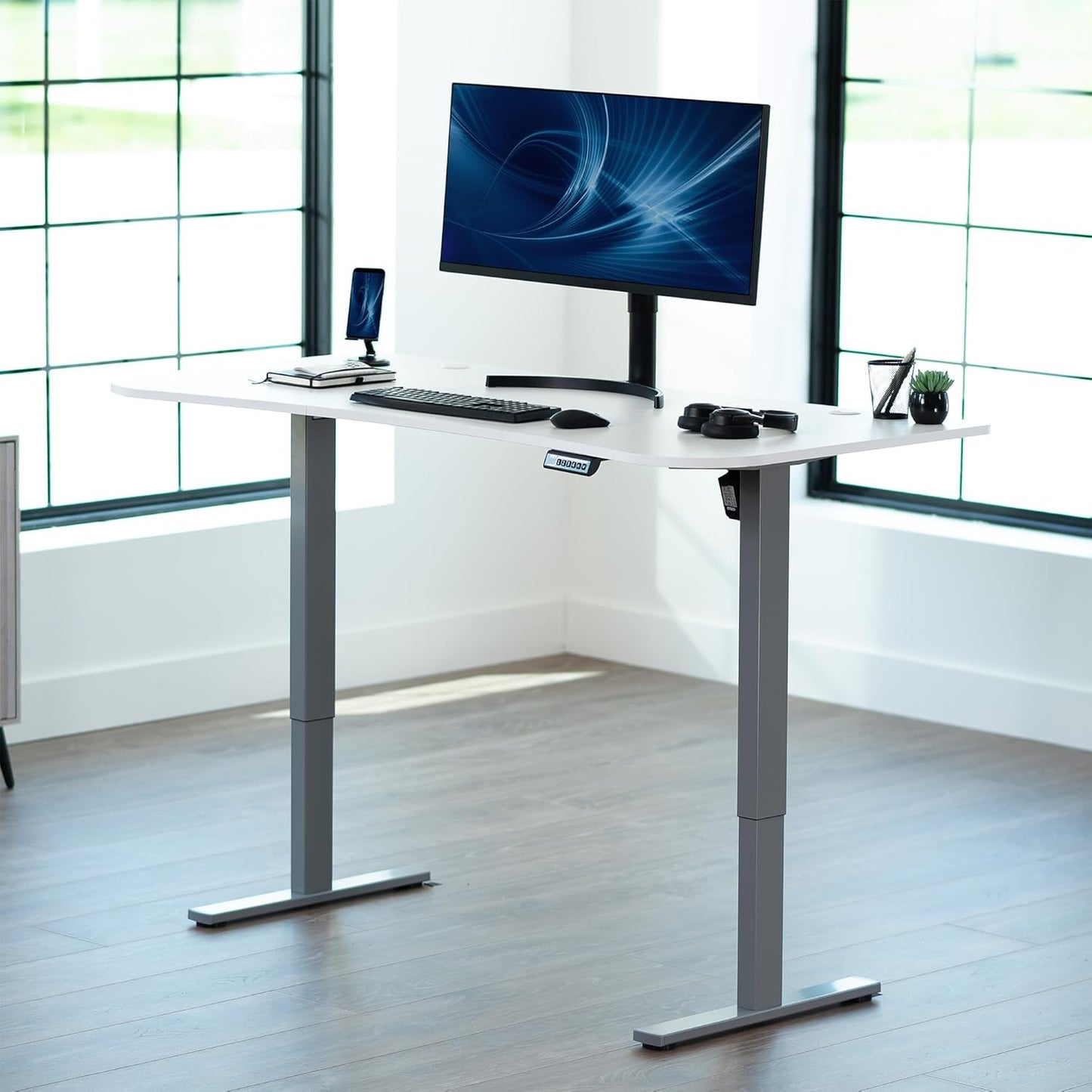 VIVO Electric 63 x 32 in Standing Desk, Memory Height Adjustment, 1B Series, White Top Gray Frame, DESK-KIT-1G1W
