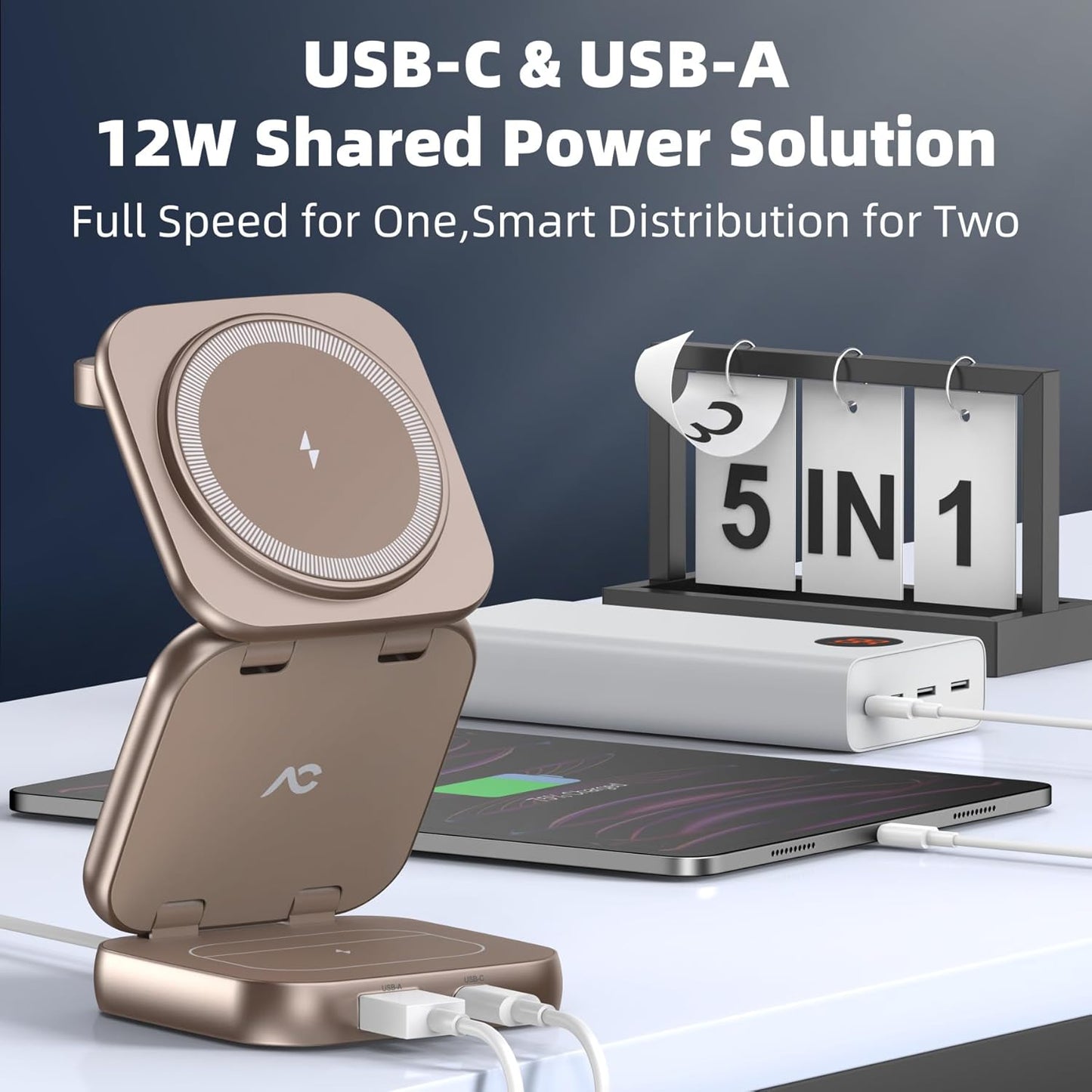 5-in-1 Wireless Charger for MagSafe, AC ISLAND Portable Travel Charging Station, 15W Max Fast Foldable Magnetic Stand, Evolved for iPhone 17/16/15/14/13 Series, Apple Watch, AirPods (with 35W Adapter)