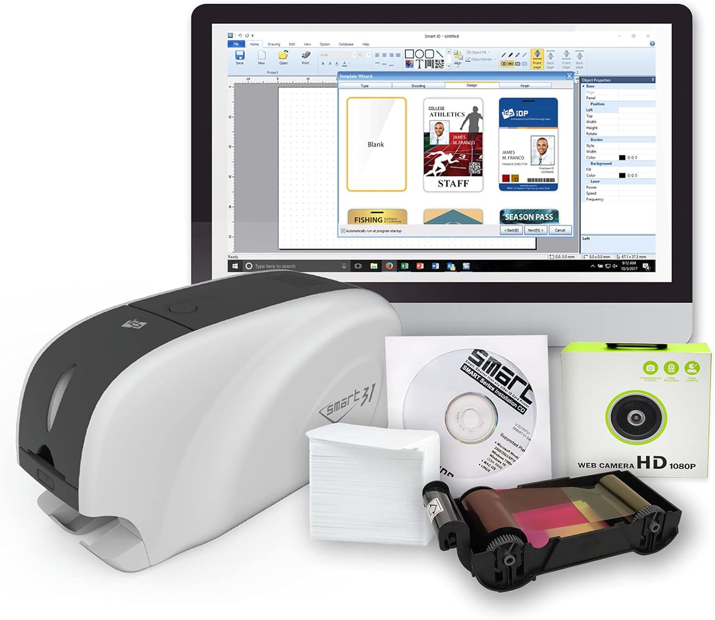 IDP SMART-31 Series ID Card Simplex Printer Bundle with USB Camera, Software, Manual and Guides - Includes 250-Print YMCKO Color Ribbon and 100 PVC Plastic Cards - Now with SMARTMark Security