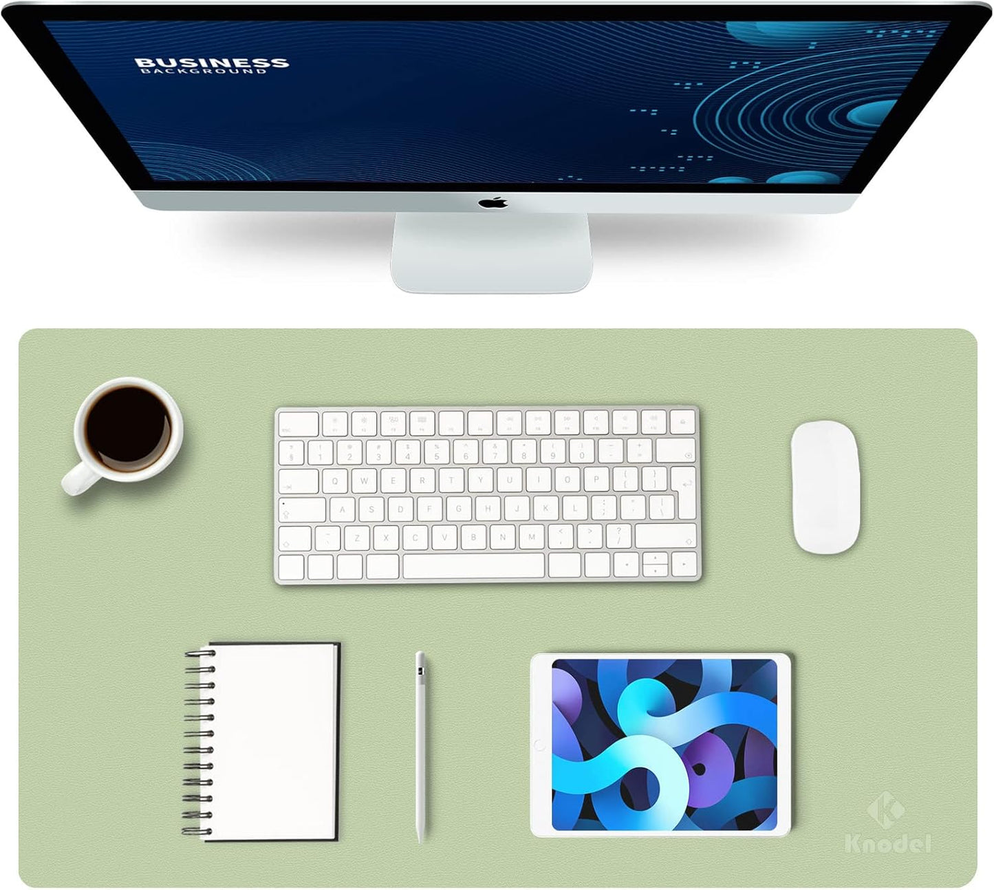 K KNODEL Small Office Leather Desk Mat, Mouse and Keyboard Pad, Computer and Laptop Mat, Desktop Protector and Cover, Writing Pad and Blotter (23.6"x13.8", Light Green)