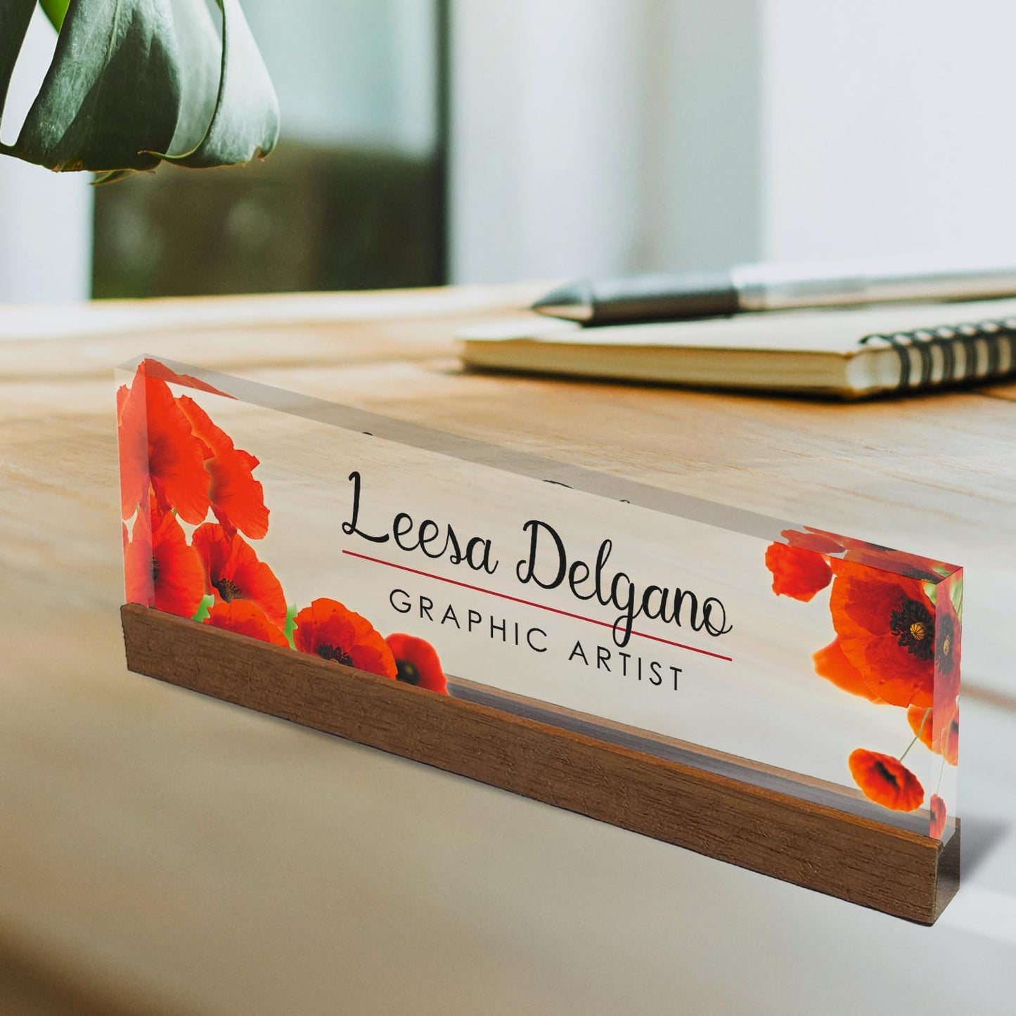 Artblox Office Personalized Name Plate for Desk with Business Card Holder On Clear Acrylic Glass Poppy Flowers Design Custom Desk Name Plate with Your Name and Credentials Customized Gift