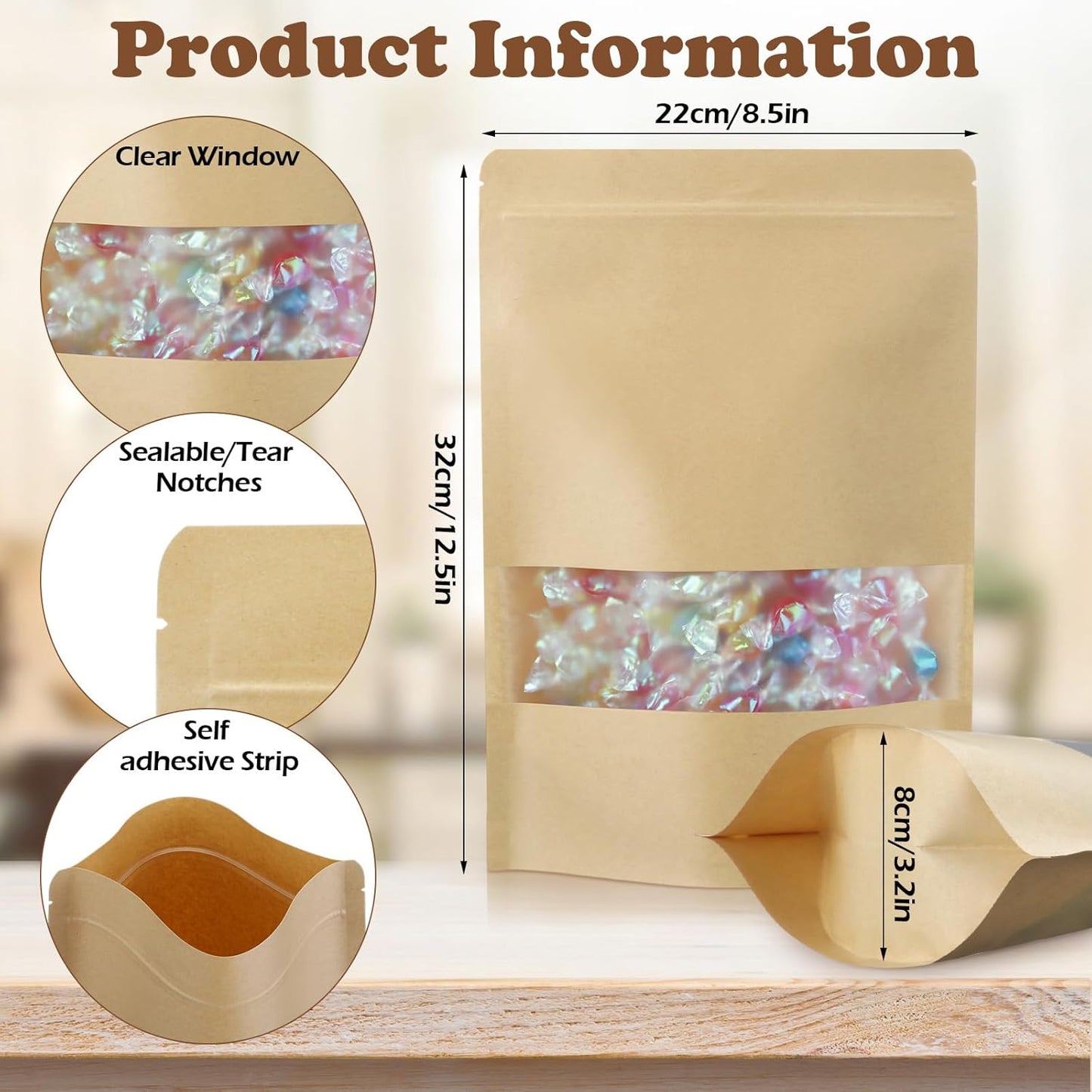 Geosar 150 Pcs Kraft Bags with Window 8.5 x 12.5 Inch Stand up Kraft Pouches Bulk Zipper Paper Pouches Food Storage Reusable Heat Sealable Bags for Packaging Home Business Office