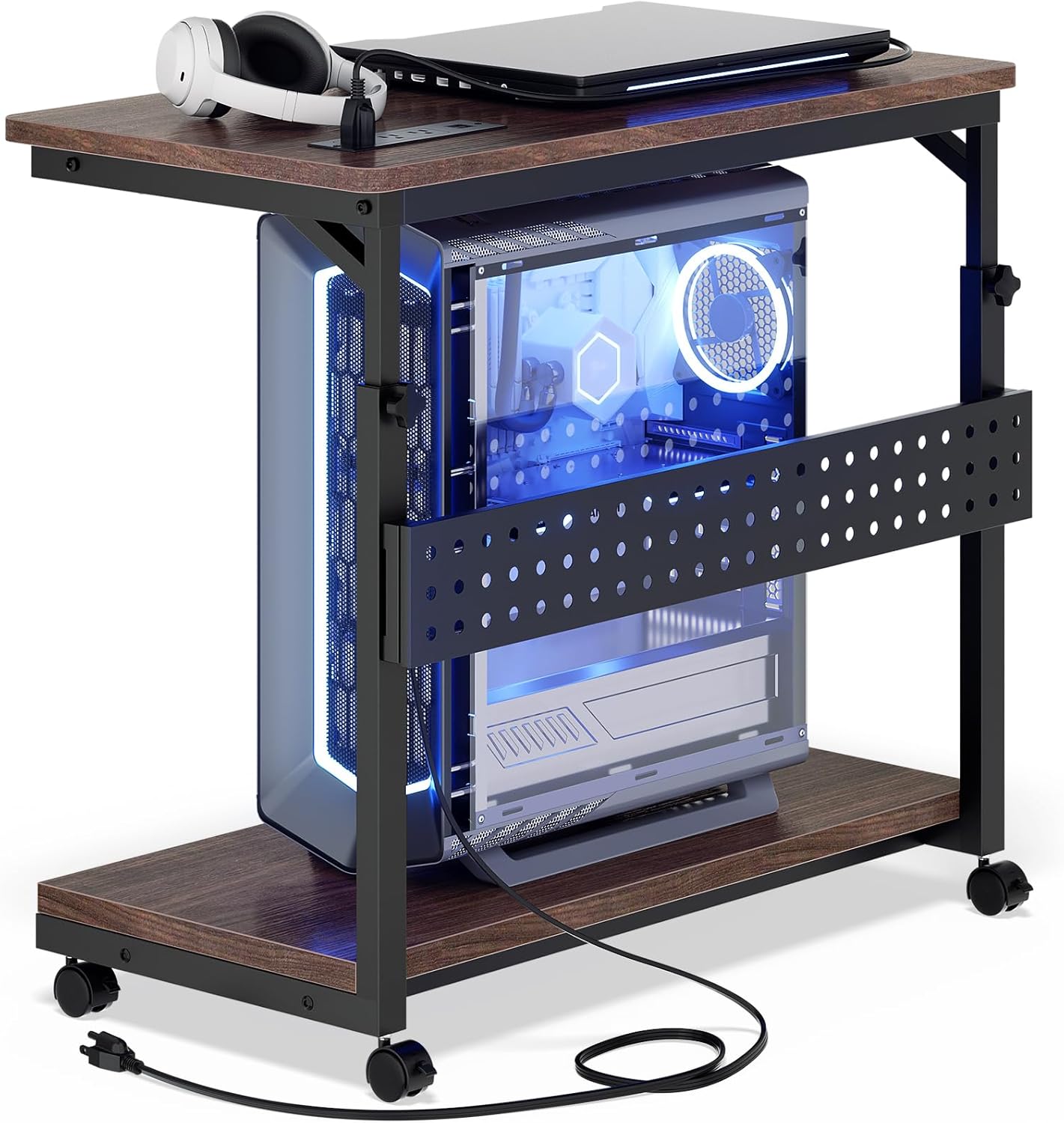 Computer Tower Stand with Power Strips, 4 Levels Manual Height Adjustable PC Tower Stand for Under Desk, Mobile Rolling CPU Holder, Computer Cart with Wheels, 24", Black Walnut
