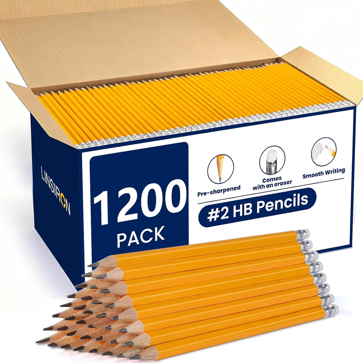 Pencils Pre-Sharpened #2 Pencil with Erasers, Yellow,7.5in 1200 Pack