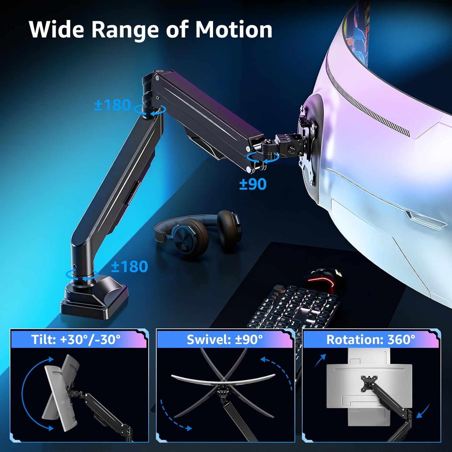 MOUNTUP Ultrawide Monitor Arm for 22-43 inch Curved Screen, Holds 2.2 to 33 lbs, Heavy Duty Monitor Desk Mount, Adjustable Gas Spring Arm, Computer Monitors Stand for Desk, VESA Mount