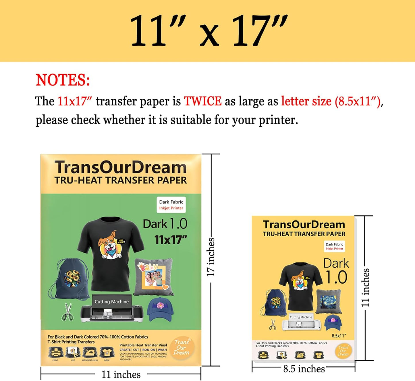 TransOurDream Dark Heat Transfer Paper for T Shirts (10 Sheets, 11x17") Printable HTV Heat Transfer Vinyl for Inkjet Printer Iron on Transfers for Dark Fabrics