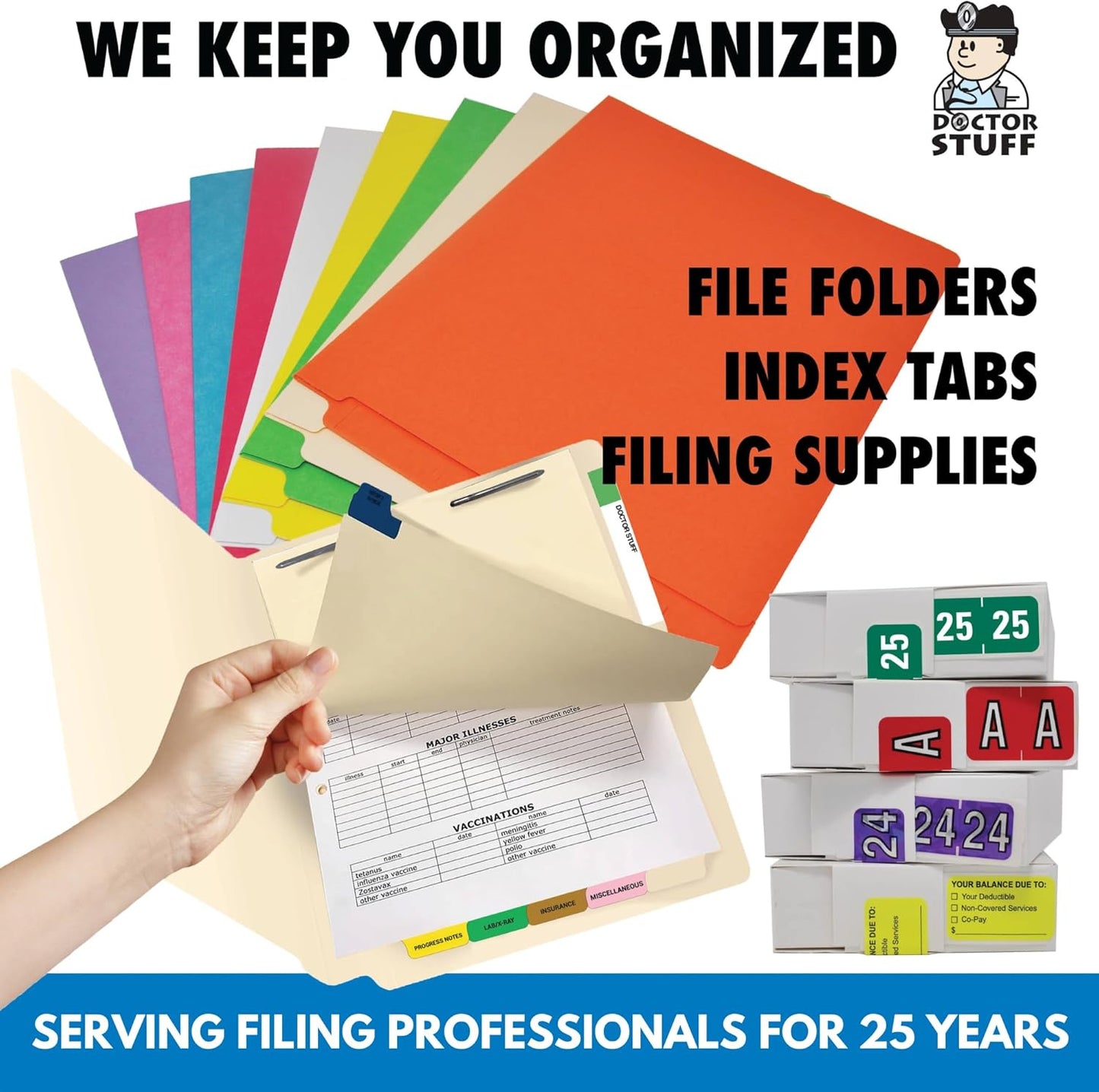 Doctor Stuff - File Folder Labels, Alphabet Letter, Complete Set A - Z, with Tray, Compatible with Smead Alpha-Z Acc/ACCS - SMAM Series Alpha Stickers 1-5/8" x 1”, 26 Rolls, 250/Roll