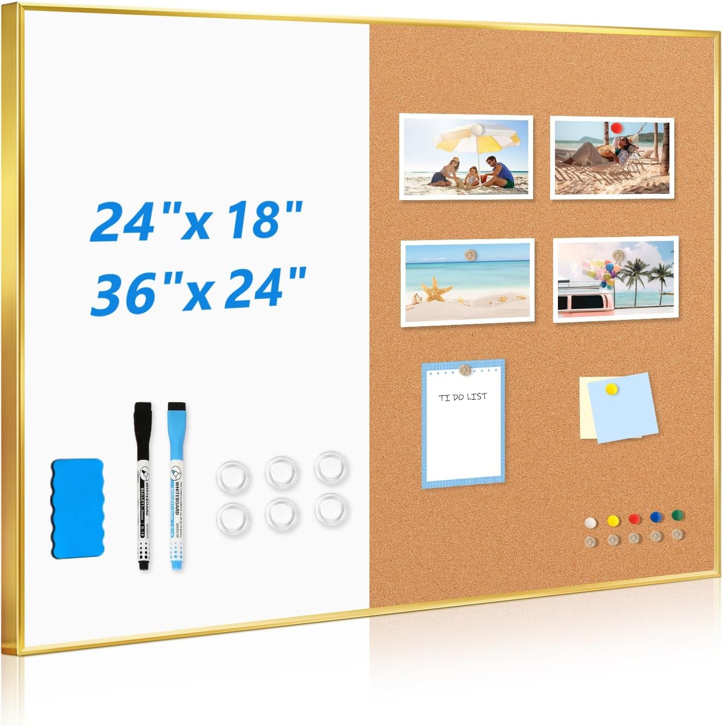 White Board Cork Board Combo, 24'' x 18'' Magnetic Dry Erase Board and Bulletin Board, Gold Aluminum Frame Vision Board Message Board for Home Office School Dorm