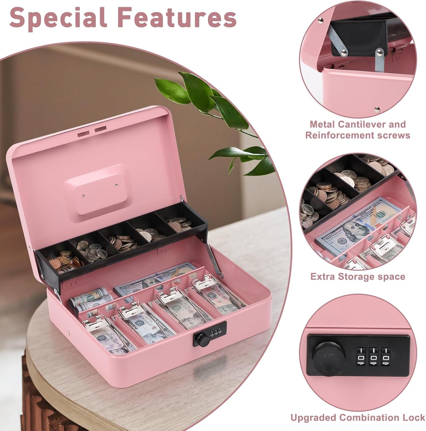 Kyodoled Locking Money Box with Combination Lock, Metal Cash Box with Money Tray, Cash Register,5 Compartments Cantilever Tray 4 Spring Loaded Clips,11.81Lx 9.45Wx 3.54H Inches Pink X Large
