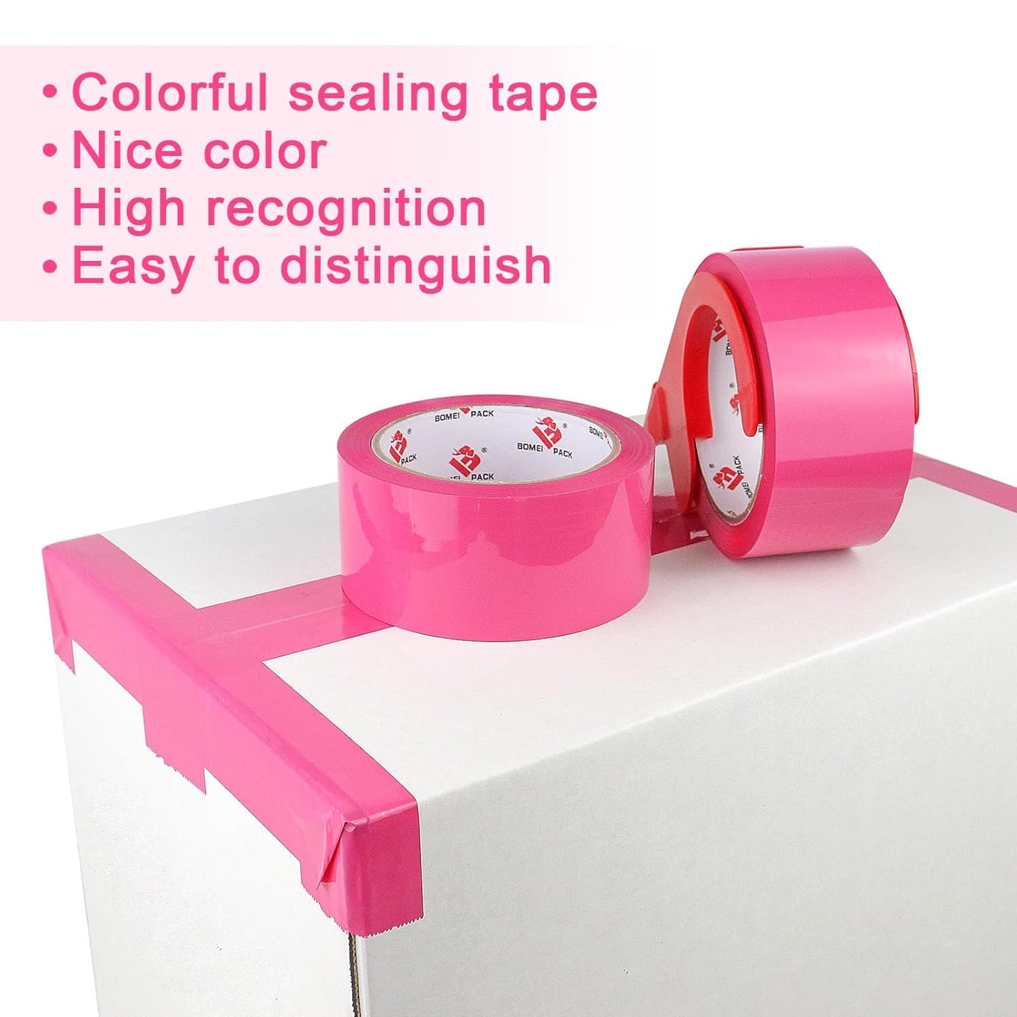 BOMEI PACK Heavy Duty 6 Rolls Colored Moving Tape with Dispenser 1.88 Inch x 60 Yard, Pink Packaging Tape 2.4 mil Packing Tape for Shipping, Moving, Mailing & Storage