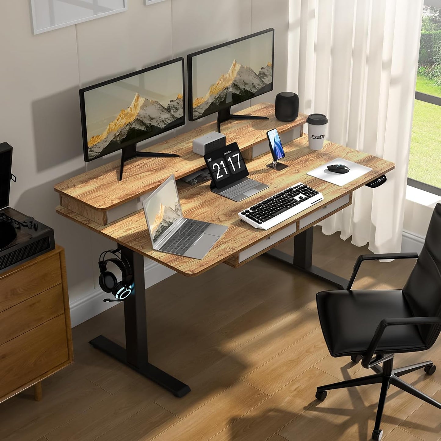 63 * 30 Inches Electric Standing Desk Adjustable Height with 4 Drawers, Double Storage Shelves, Home Office Workstation Sit Stand up Desk (Light Rustic Brown)