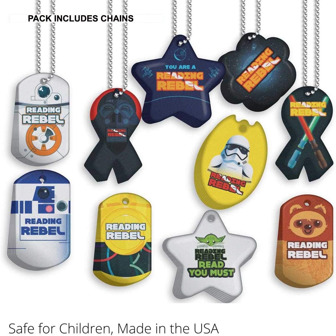 Reading Rebel Brag Tag Value Pack: Wearable Incentives for Young Readers 100 Tags (10 Tags for Each Design) + 25 USA-Made Hypoallergenic Aluminum Safety Chains