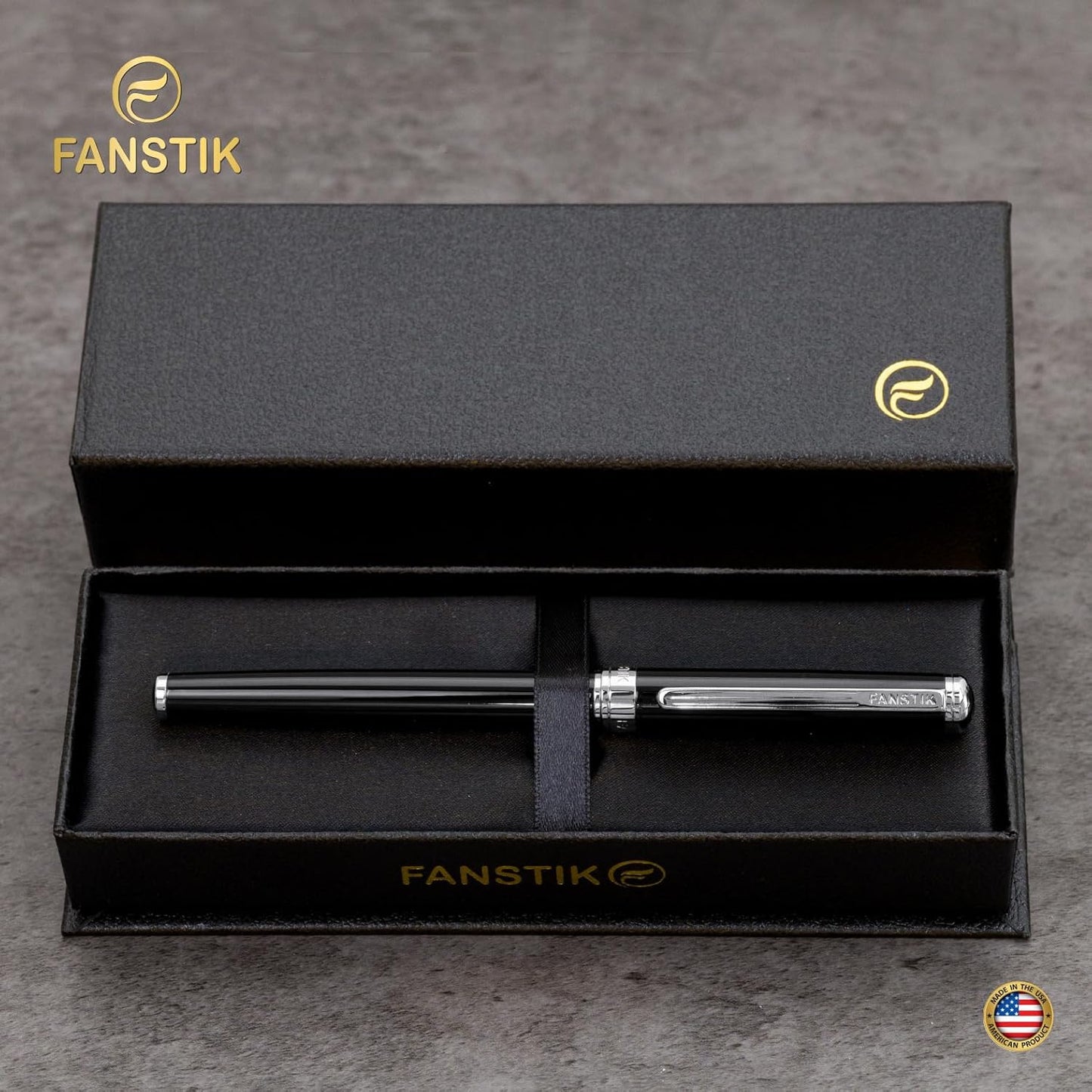 Customized Black & Silver Luxury Rollerball pen (Made In USA) fancy gift set for women, Real 24K Gold Plating, Professional executive pen gift set for men (Lux Custom-Rollerball Black-Silver)