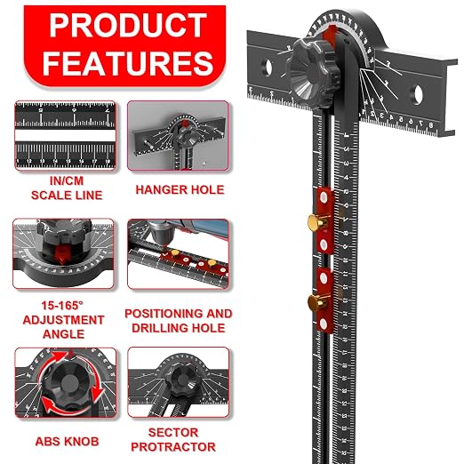 29 Inch Woodworking T Square Ruler, Aluminum Alloy, Adjustable Angle 15-165° - Image 2