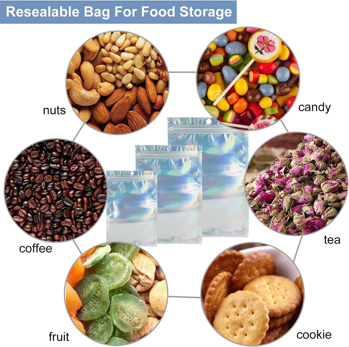300 Pack 3 Sizes Resealable Mylar Bags Food Storage Smell Proof Bags with Front Window Packaging Pouch for Sample Snack Cookies Jewelry (Holographic, 3 x 4.7 inch,4 x 6 inch,4.7 x 7.9 inch)