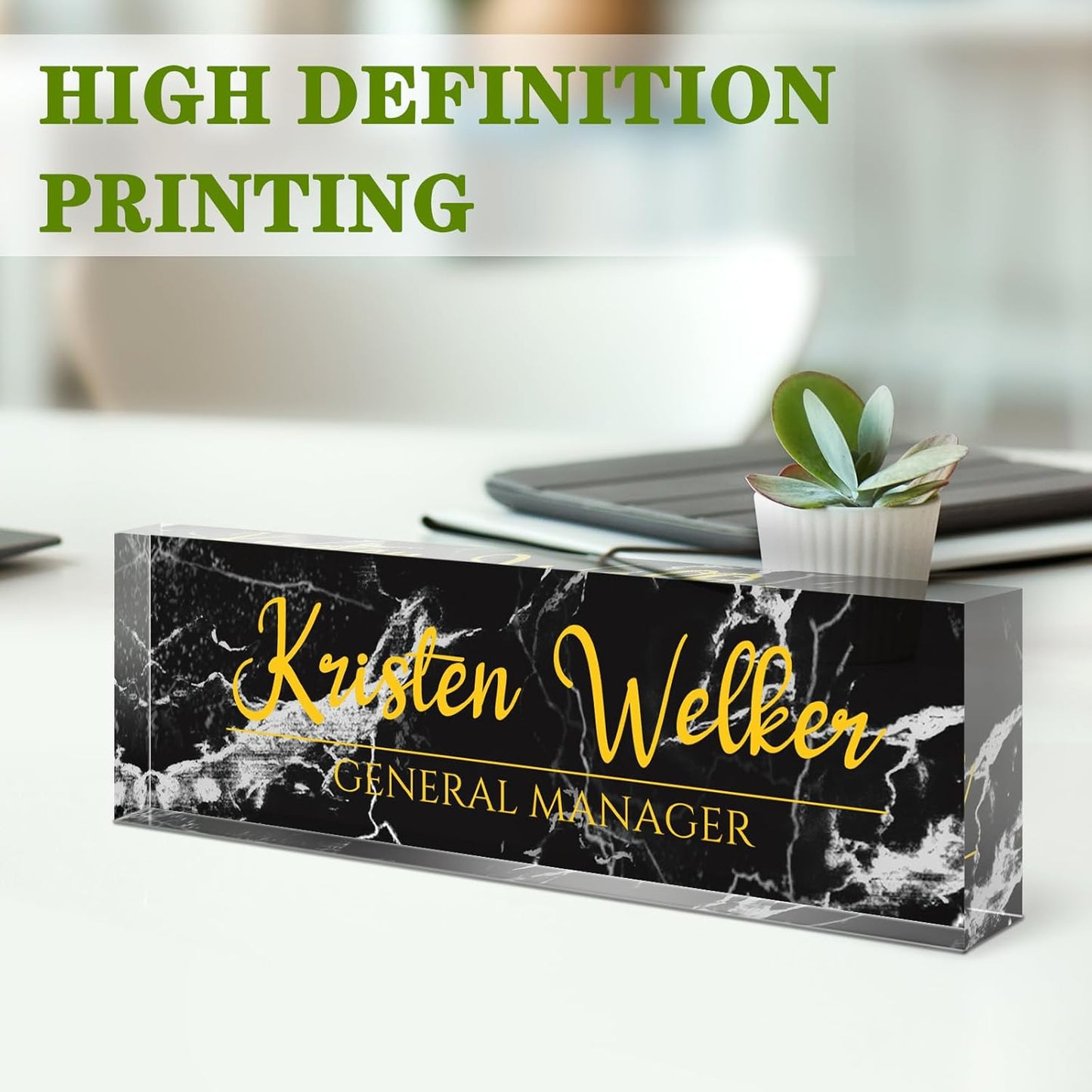 Name Plate for Desk, Desk Name Plate Personalized, Office Decor for Women Men, Acrylic Desktop Accessories, Office Appreciation Gifts for Boss Social Workers Nurse Teacher Employee (Black Marble)