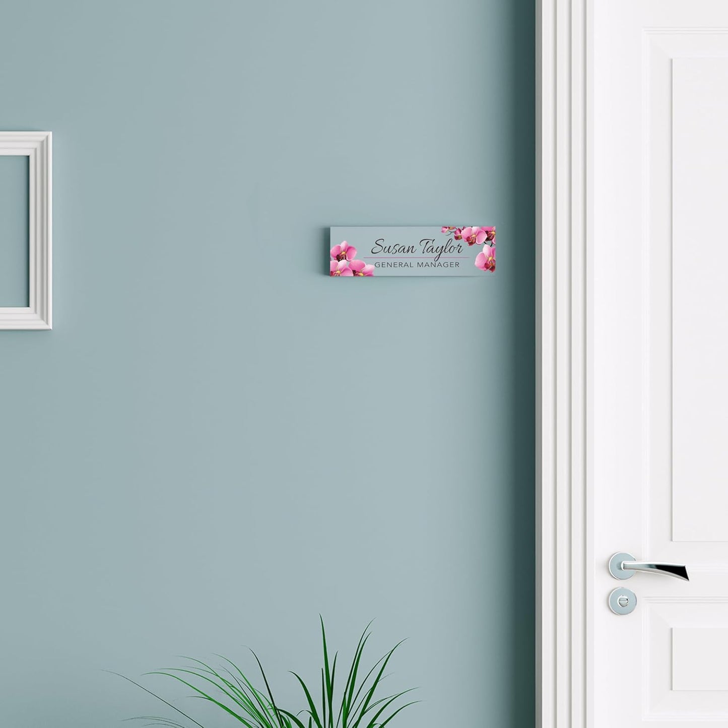 Artblox Office Personalized Name Plate for Desk with Business Card Holder On Clear Acrylic Glass Orchids Flowers Design Custom Desk Name Plate with Your Name and Credentials Customized Gift