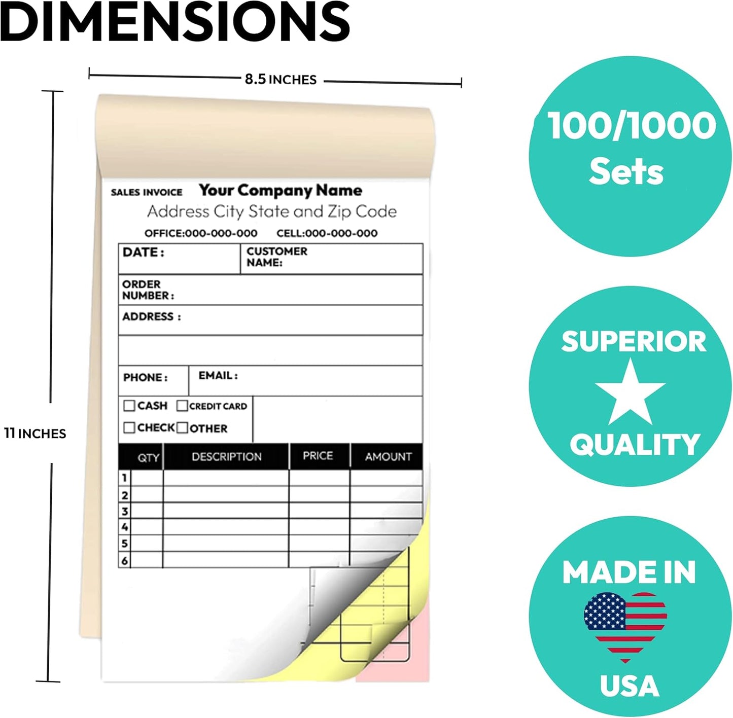 Custom 8.5" X 11" Invoice Receipt Book, Carbonless NCR Invoice Book in 3-Part Duplicate Receipts, Estimates, Purchase Orders, Sales Orders, Price Forms with Your Company/Business Name