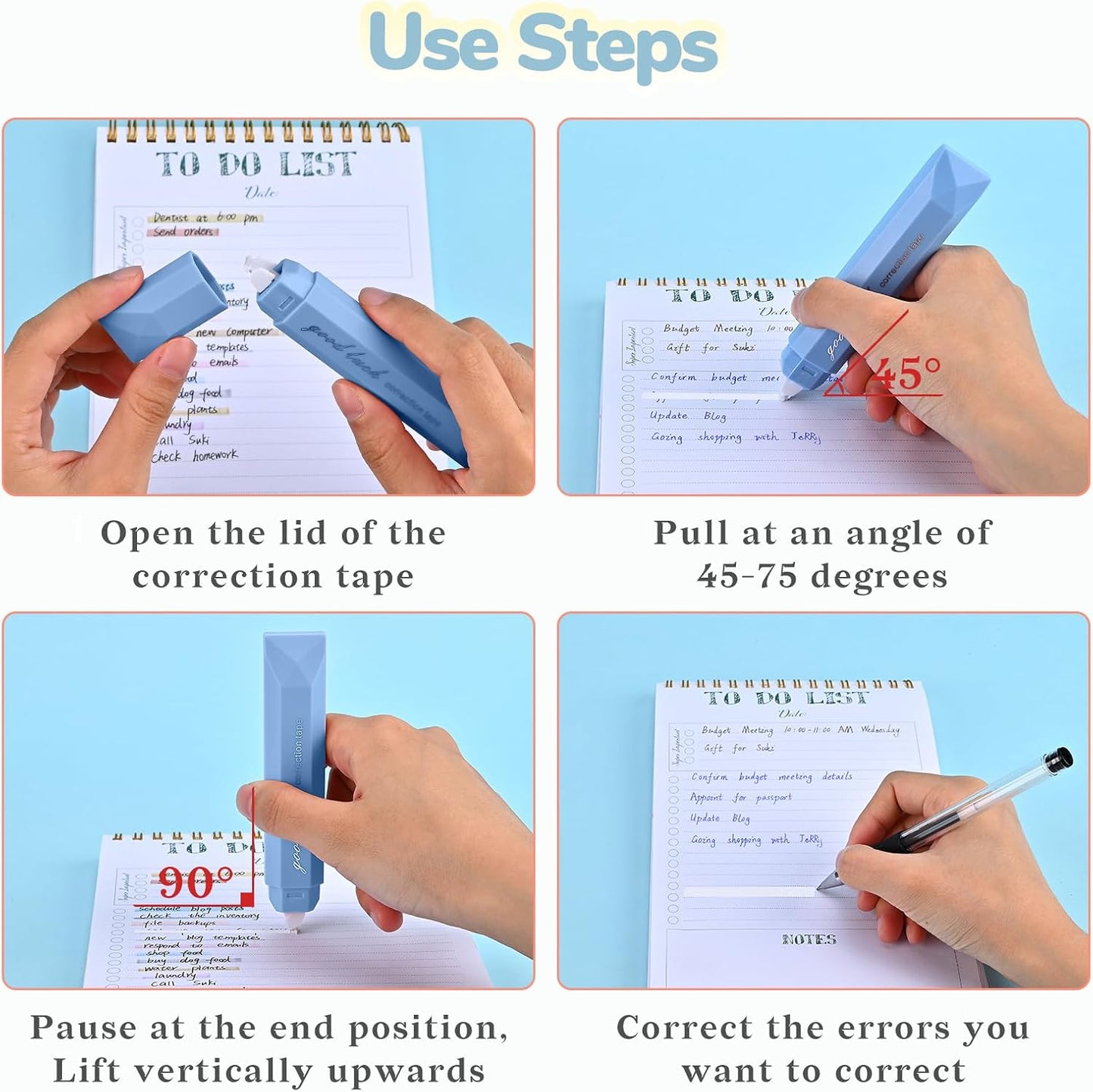Temiary 5 Pcs White Correction Tapes, Aesthetic Correction Tape Pens Smooth Pull Out, Easy to Use Pen Shaped Applicator for Students School Office Supplies (Blue)