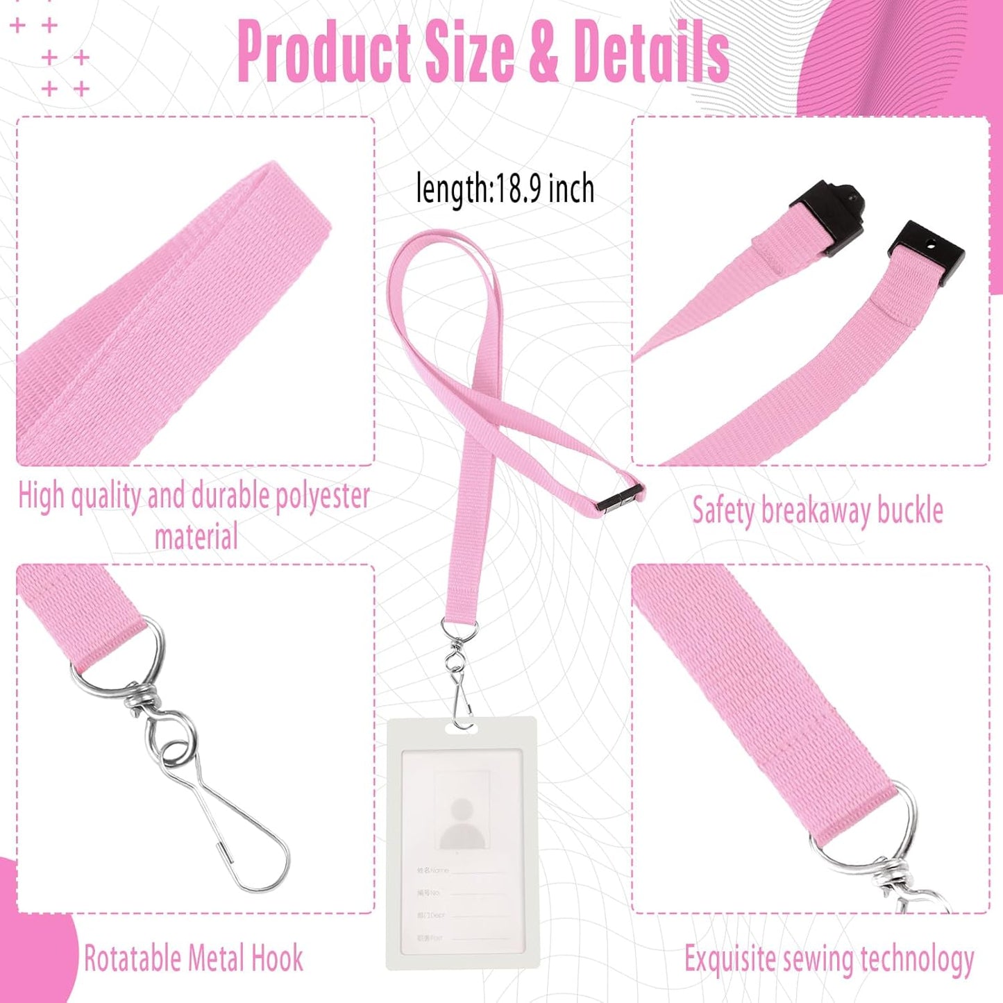 Patelai 60 Pcs Breakaway Lanyards with J Hook Bulk Flat for ID Badges Neck Badge Lanyards Card Nametag Holder Neck Straps (Pink)