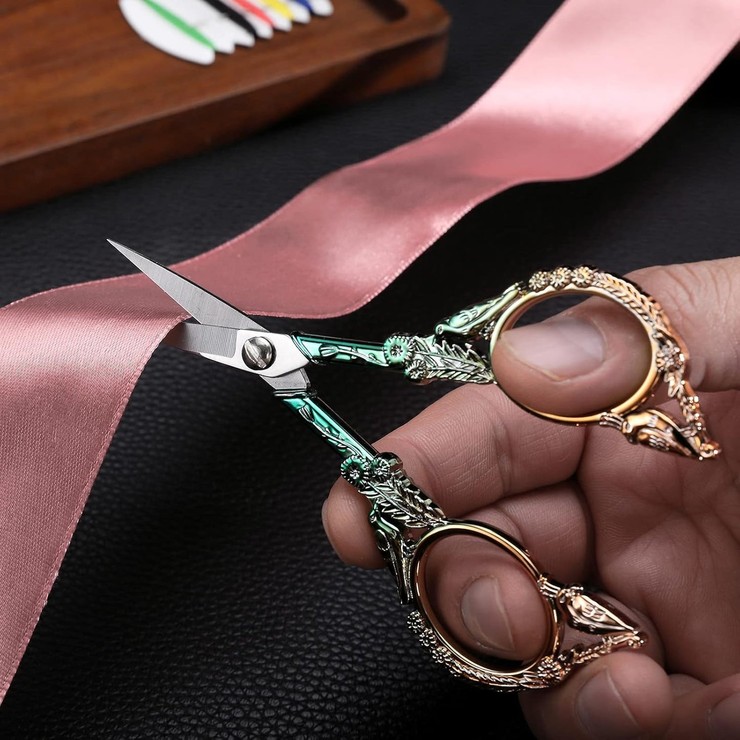Embroidery Scissors, Sharp Pointed Sewing Scissors for Craft Cross Stitch Needlework Artwork Knitting Threading Small DIY Tools, 4.6in Gold Green Cute Bird