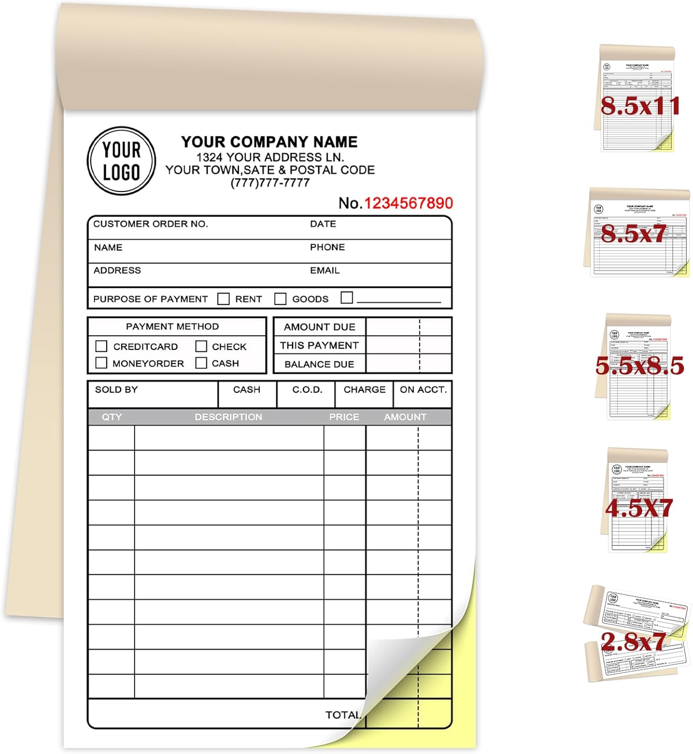 Custom Invoice Book for Small Business,4.5 x7 Inches Invoice Receipt Book, 2-Part Carbonless Forms, Personalized Company Name, Address, Phone Number