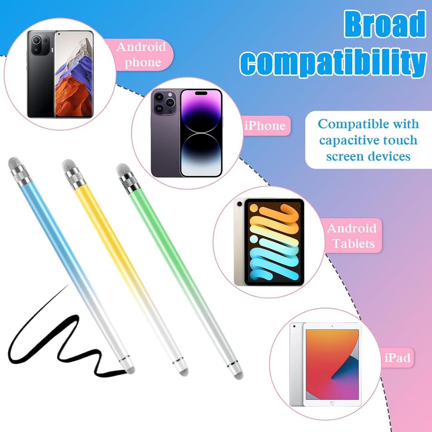 Bopomofo 3PCS Stylus Pen for Touchscreen,Stylus Pen for iPhone/iPad/Tablet Android/Microsoft/Surface, Compatible with Touch Screens(Blue/Green/Yellow)