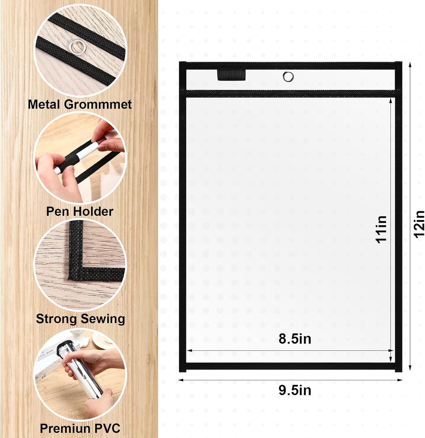 Nezyo Dry Erase Pockets Plastic Job Ticket Holders Shop Holder Order Pockets Clear Sleeves Tickets Folders Plastic Sleeves Paper Teacher Supplies for Classroom(12 x 9.5 in,Black,50 Pcs)
