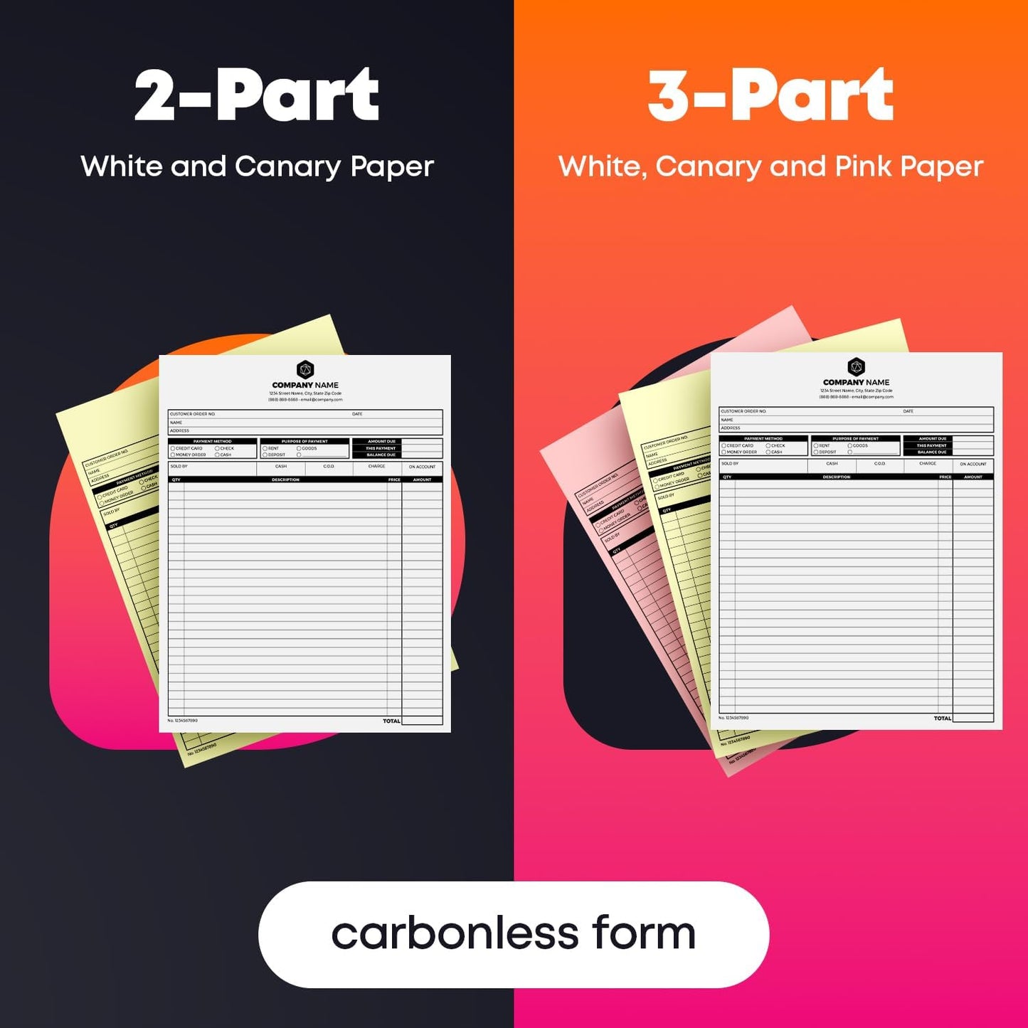 Custom Print 8.5" x 11" Carbonless NCR Forms for Printing Business and Company Invoices, Receipts, Work Orders, Sales Orders, Purchase Orders, Estimates and Quotes - Loose Sheets (2-Part, 500)