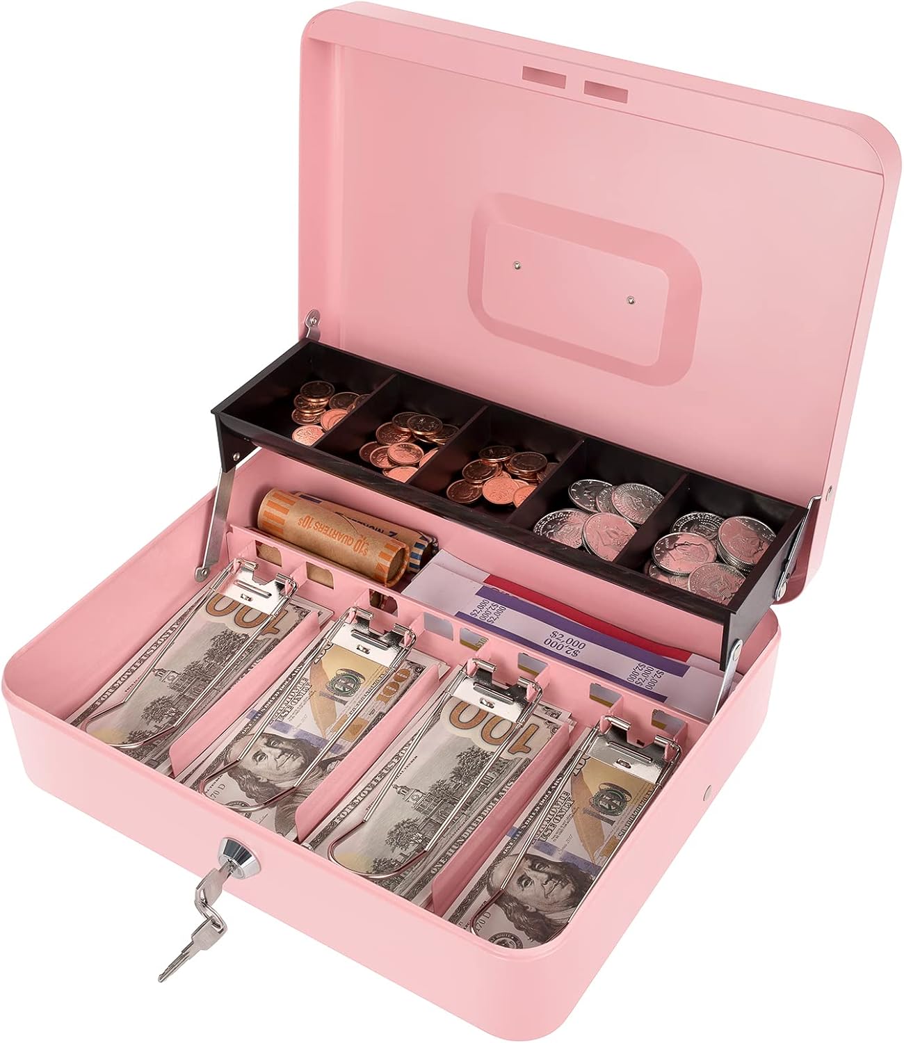 Cash Box with Money Tray and Key Lock, Money Box with Safe Locking, Money Saving Lock Box for Cash Register 11.8"x9.45"x3.54" Pink XL Large