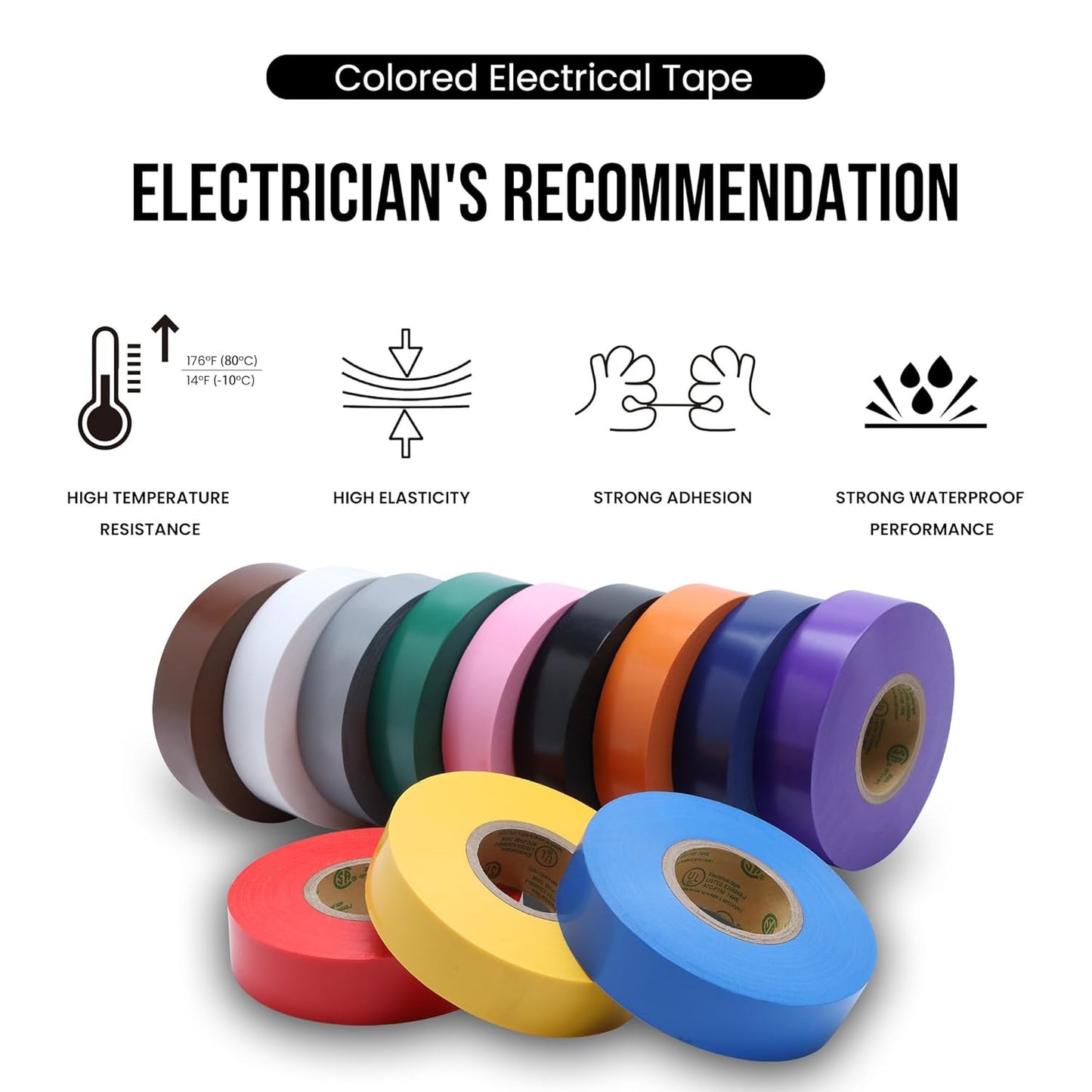 Lichamp 12 Pack Colored Electrical Tape Waterproof, 3/4 in x 66ft, Industrial Grade UL/CSA Listed High Temp Electrical Tape Colors Electric Super Vinyl, 1275C1
