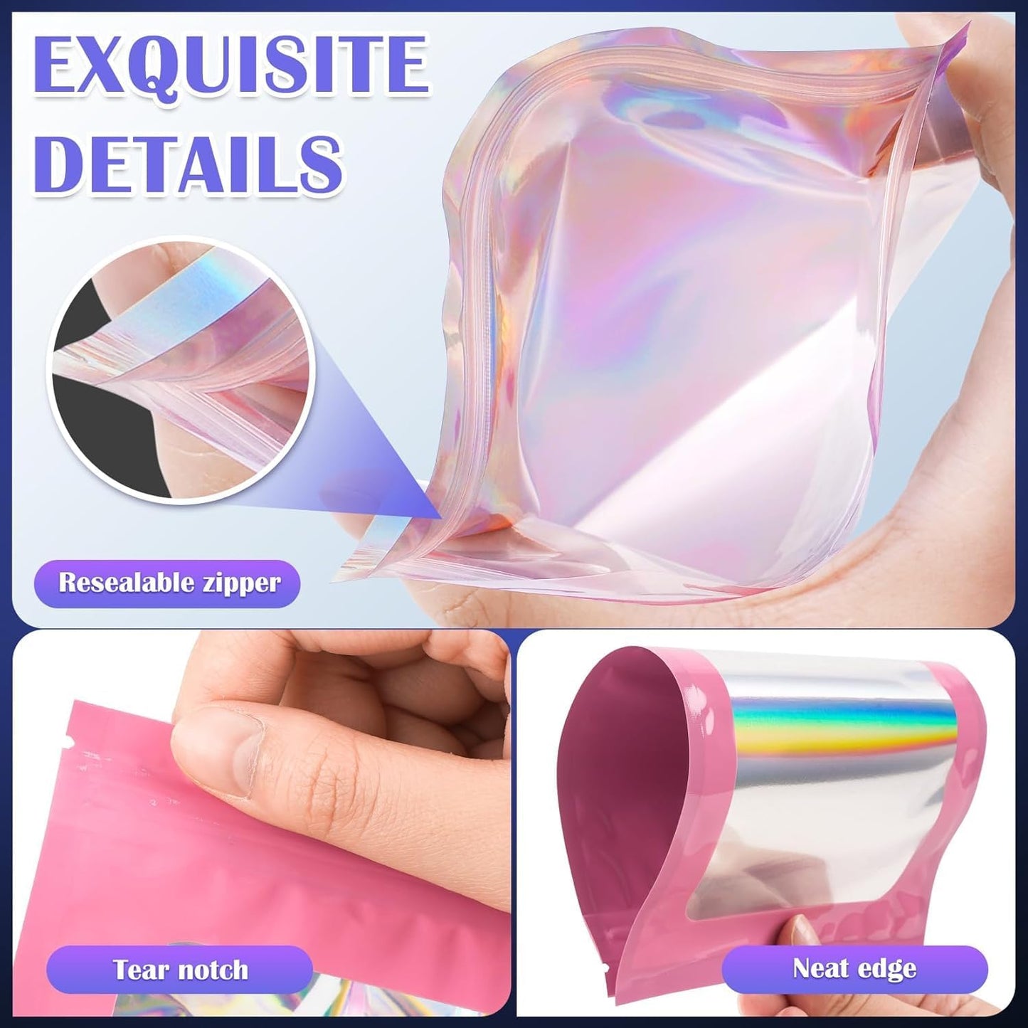 300 Pcs Mylar Bags, Smell Proof Bags Foil Pouch, Holographic Resealable Bags for Small Business, Candy Sample Jewelry Bag Sealable Packaging for Party Favor Food Storage (2.4x3.9in-Pink)