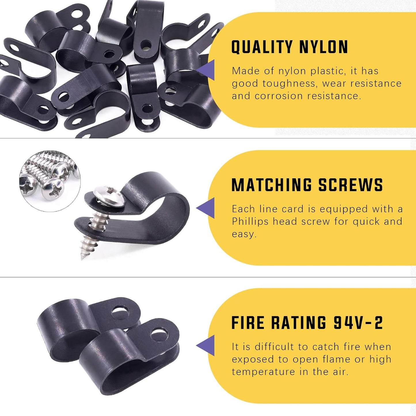 Swpeet 60 Pack Black 1/2 Inch Nylon Plastic R-Type Cable Clips Clamp Kit, Nylon Screw Mounting Cord Fastener Clips with 60 Pack Screws for Wire Management