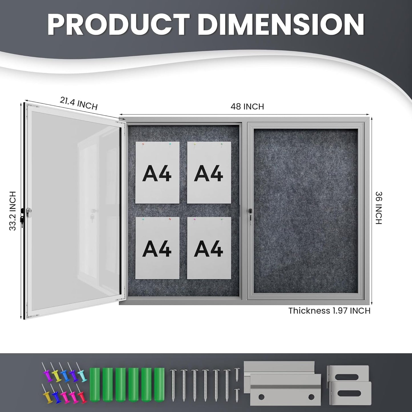 48"x36" Lockable Enclosed Bulletin Board, Outdoor Flet Weather-Resistant Aluminum Frame Notice Board, Wall Mounted Display Case Acrylic Doors for School,Office,Silver Frame w/Grey Flet