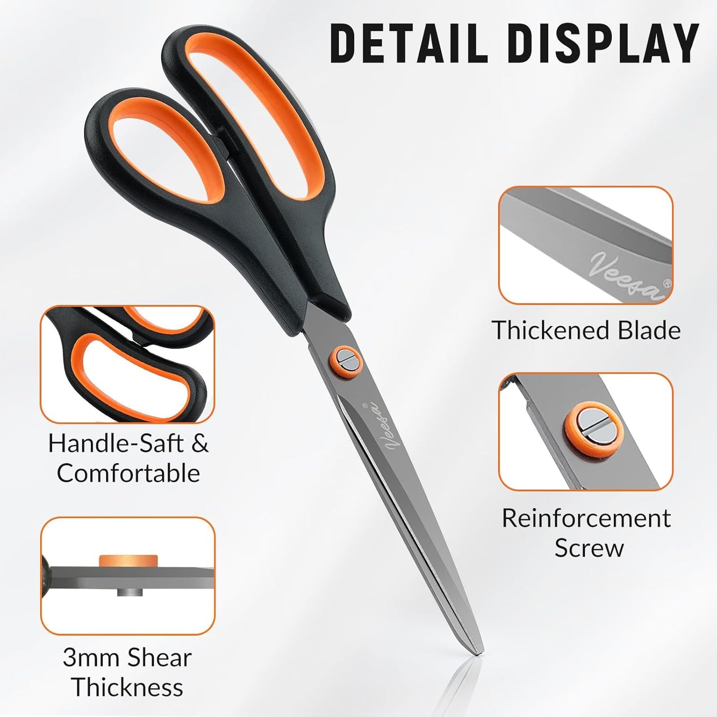 Scissors, 3-Pack Titanium Coated Non-Stick Scissors (8.5’’, 7.5’’, 5.5’’), Comfort Grip, All-Purpose Cutting Tools for Craft, Sewing, Home & School
