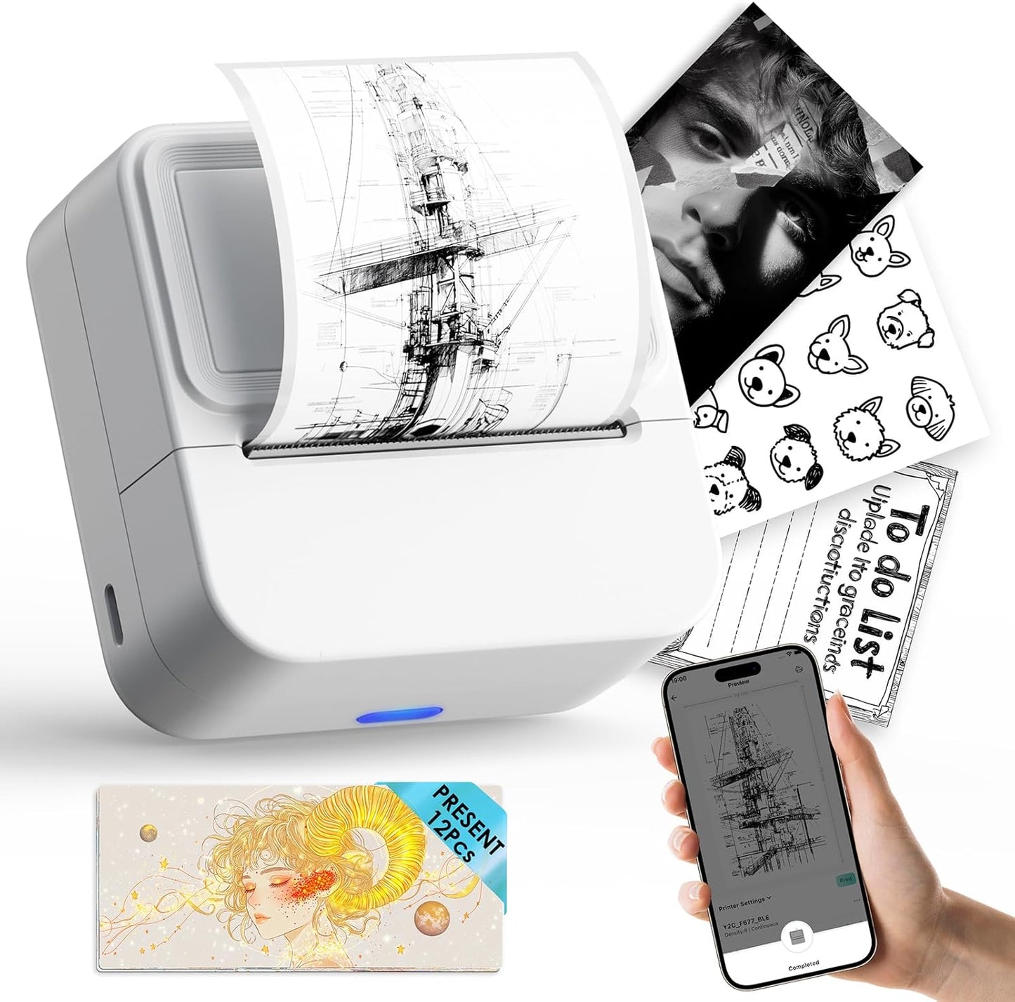 Bluetooth Sticker Printer with 1 Roll of Sticker Paper, Y2C Mini Sticker Maker Machine, Pocket Thermal Label Maker Machine with Tape for DIY, Notes, Label – Ideal Gift for Kids&Student, White