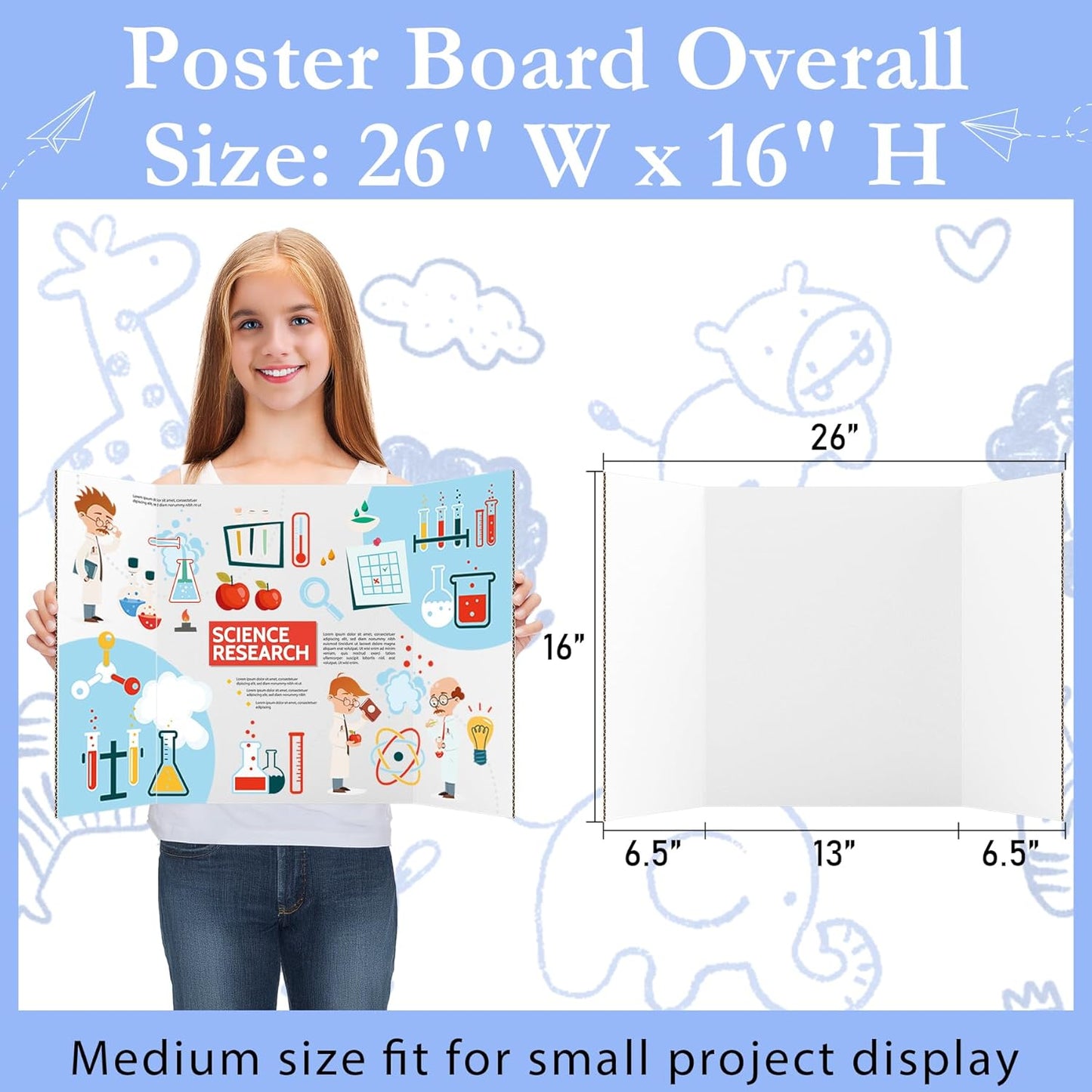 6 Pack Medium Trifold Poster Board, 26" x 16" White Corrugated Cardboard Tri Fold Poster Boards for Presentation, School Projects, Science Fair, Photo Display Exhibitions Event