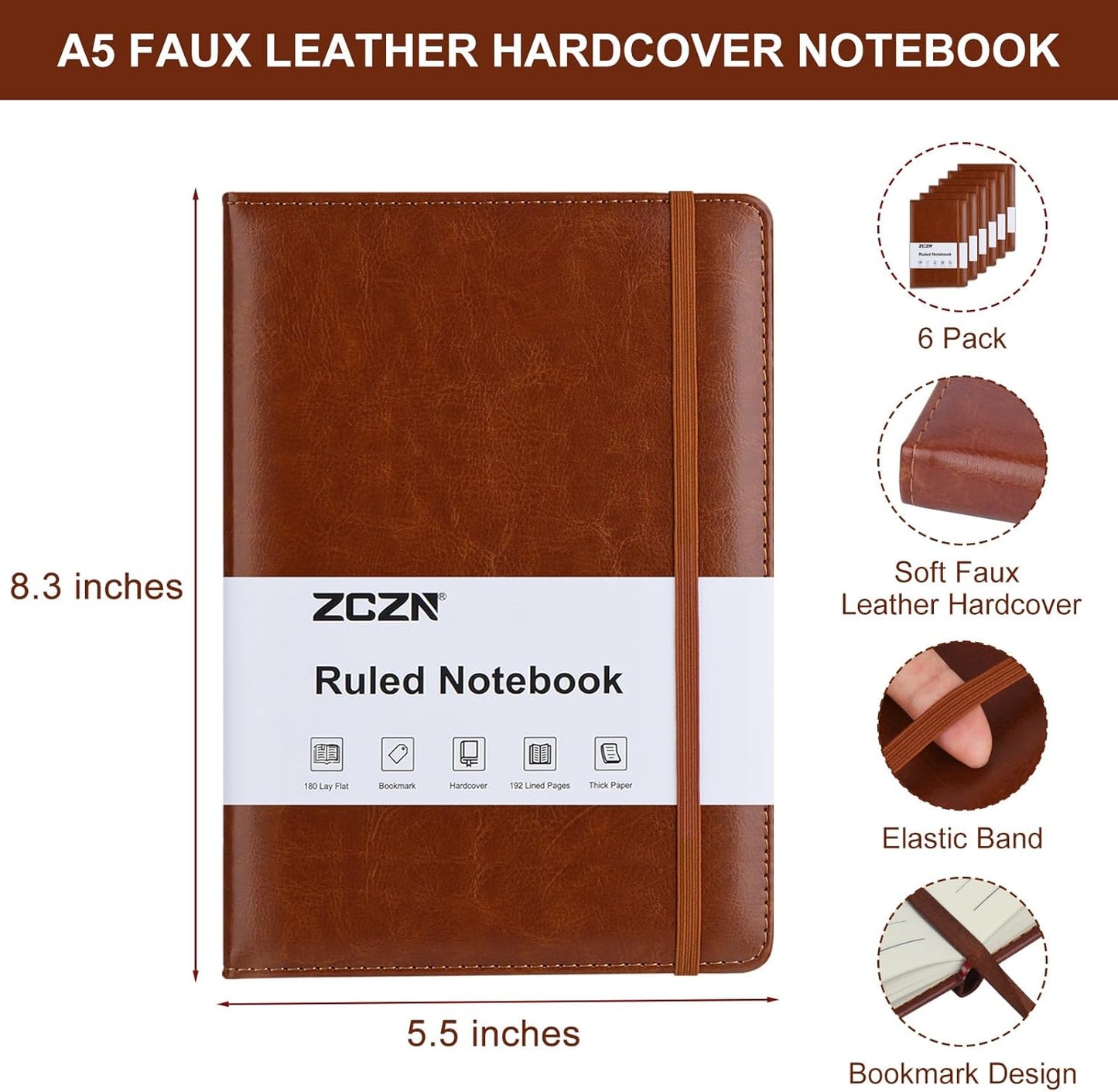 ZCZN 6 Pack Lined Journal Notebooks, 192 Pages A5 Hardcover Leather Journals for Work,Writing,School & Travel, College Ruled Journaling Notebooks for Notes Taking,Diary Journal (Black+Brown+Blue)*2