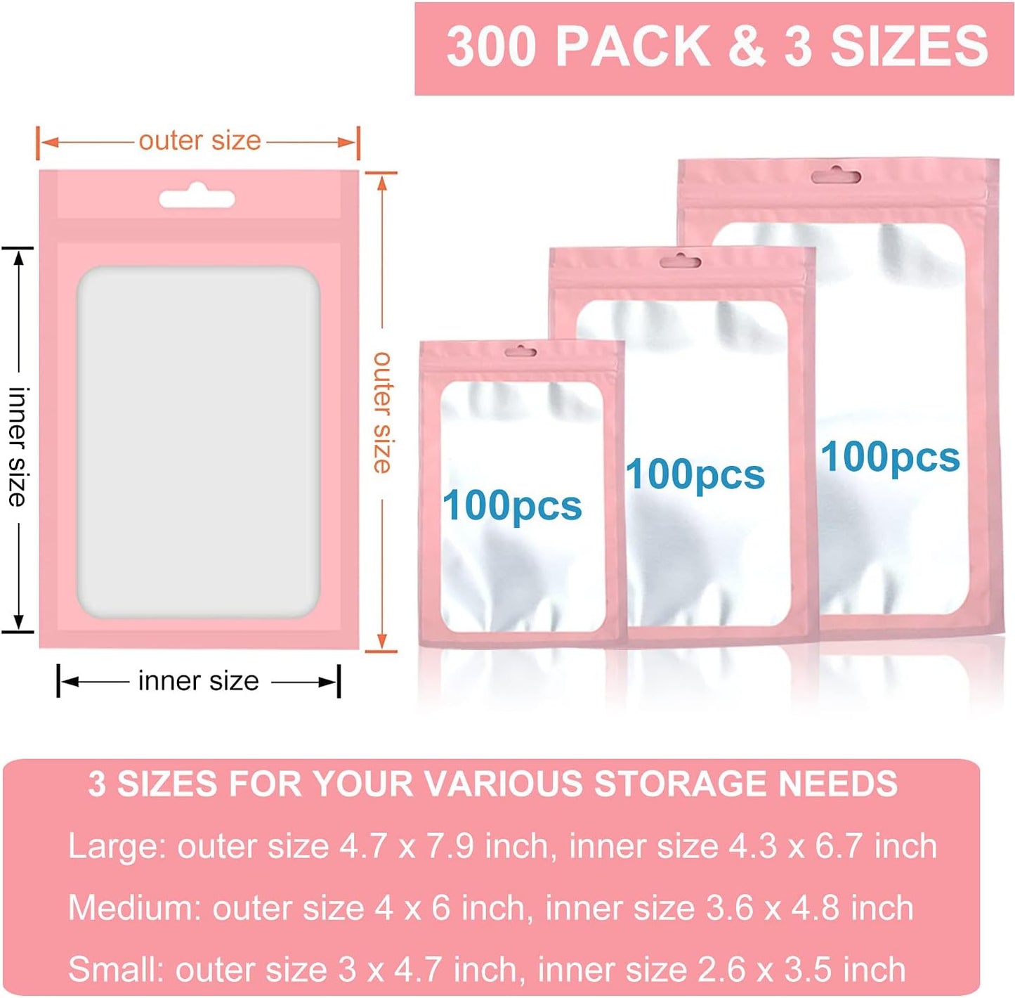 300 Pack 3 Sizes Resealable Mylar Bags Food Storage Smell Proof Bags with Front Window Packaging Pouch for Sample Snack Cookies Jewelry (Pink, 3 x 4.7 inch,4 x 6 inch,4.7 x 7.9 inch)